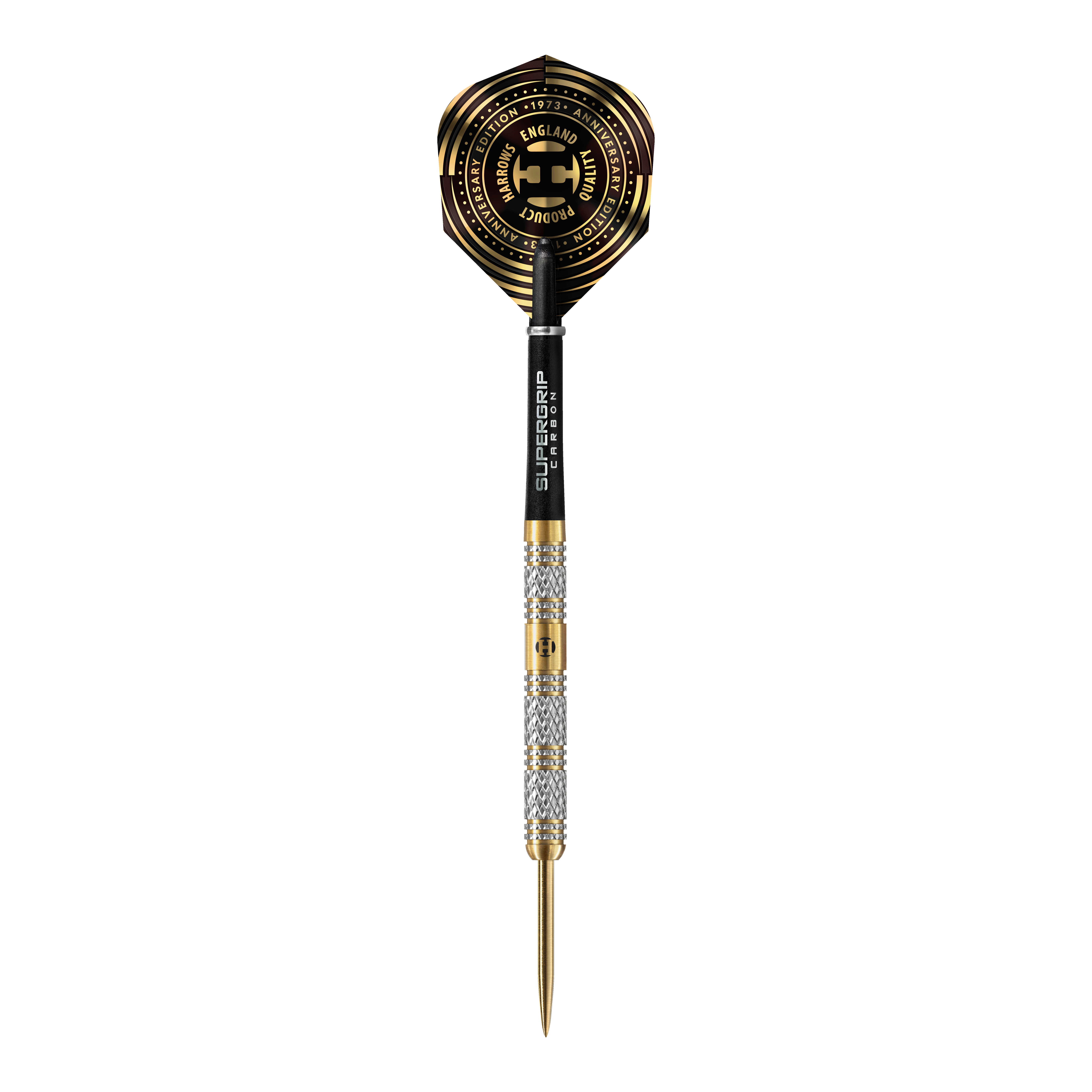 Fléchettes en acier Magnum édition anniversaire Harrows Das Bild zeigt einen hochwertigen Steeldartpfeil mit goldenen und silbernen Akzenten. Auf dem Flights sind kreisförmige, goldfarbene Muster und der Schriftzug "Anniversary Edition" zu sehen.