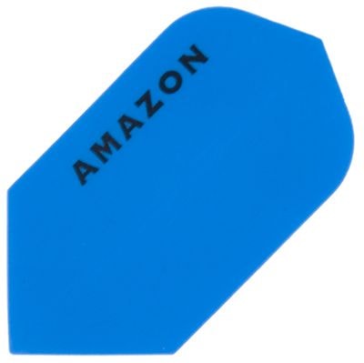 a9 Das Bild zeigt ein blaues Dart-Flights mit der Aufschrift "AMAZON". Es hat eine ungewöhnliche, abgerundete Form.