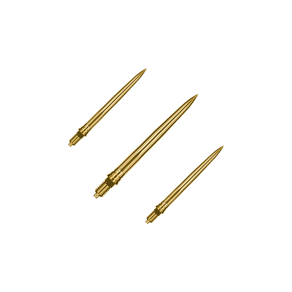 Pointes de fléchettes Caliburn EZ-EVO - Lisses - Or Dieses Bild zeigt ein Set goldener Dartspitzen mit glatter Oberfläche, vermutlich 28mm lang. Die Spitzen sind von der Marke Caliburn EZ-EVO.