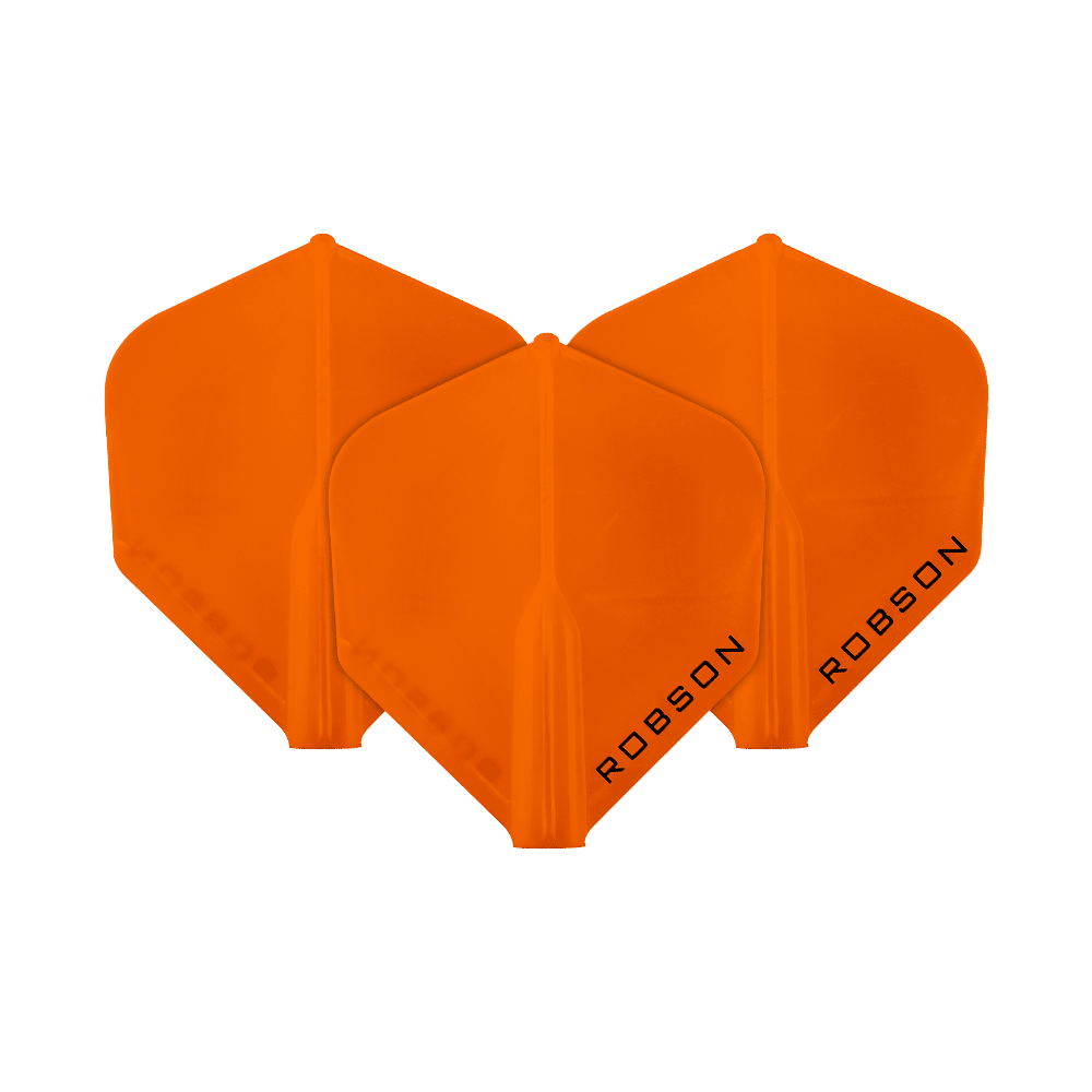Vols Robson Plus - Standard Das Bild zeigt drei orangefarbene Dartflights. Auf jedem Flight steht das Wort "ROBSON" geschrieben.