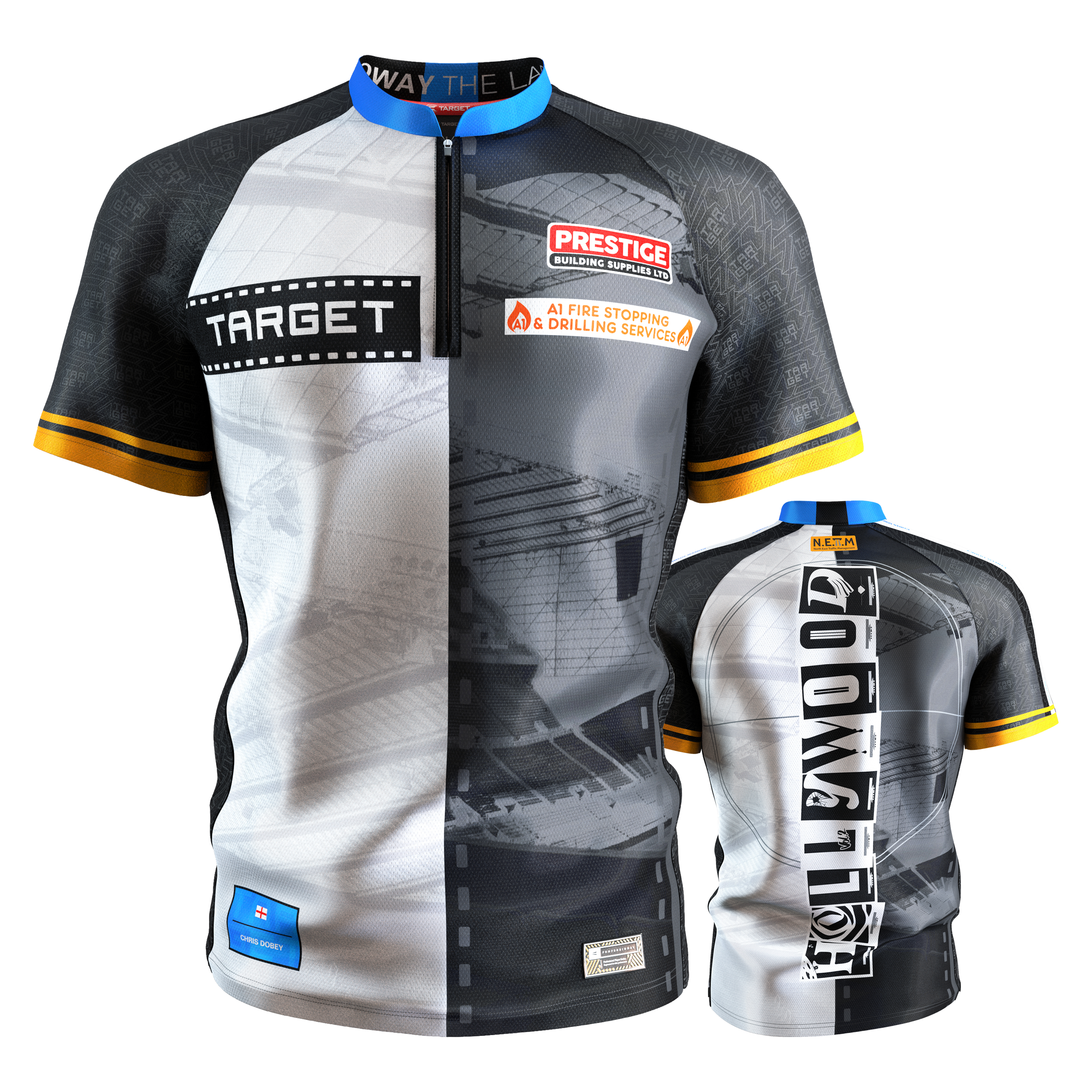 Maillot de fléchettes Target Coolplay Chris Dobey 2025 Dieses Bild zeigt das "Target Coolplay Chris Dobey 2025 Dartshirt" von vorne und hinten. Das Shirt hat ein modernes, schwarz-weißes Design mit gelben Akzenten und mehreren Sponsorenlogos.