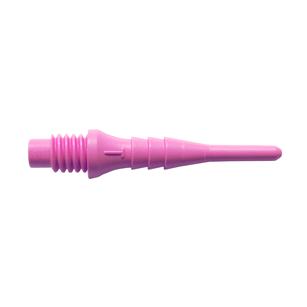 Das Bild zeigt eine einzelne pinke Kunststoff-Dartspitze aus dem Set "Bulls Tefo-X Shark Points (100er Pack)". Die Spitze hat ein Schraubgewinde auf der einen Seite und läuft spitz zu.