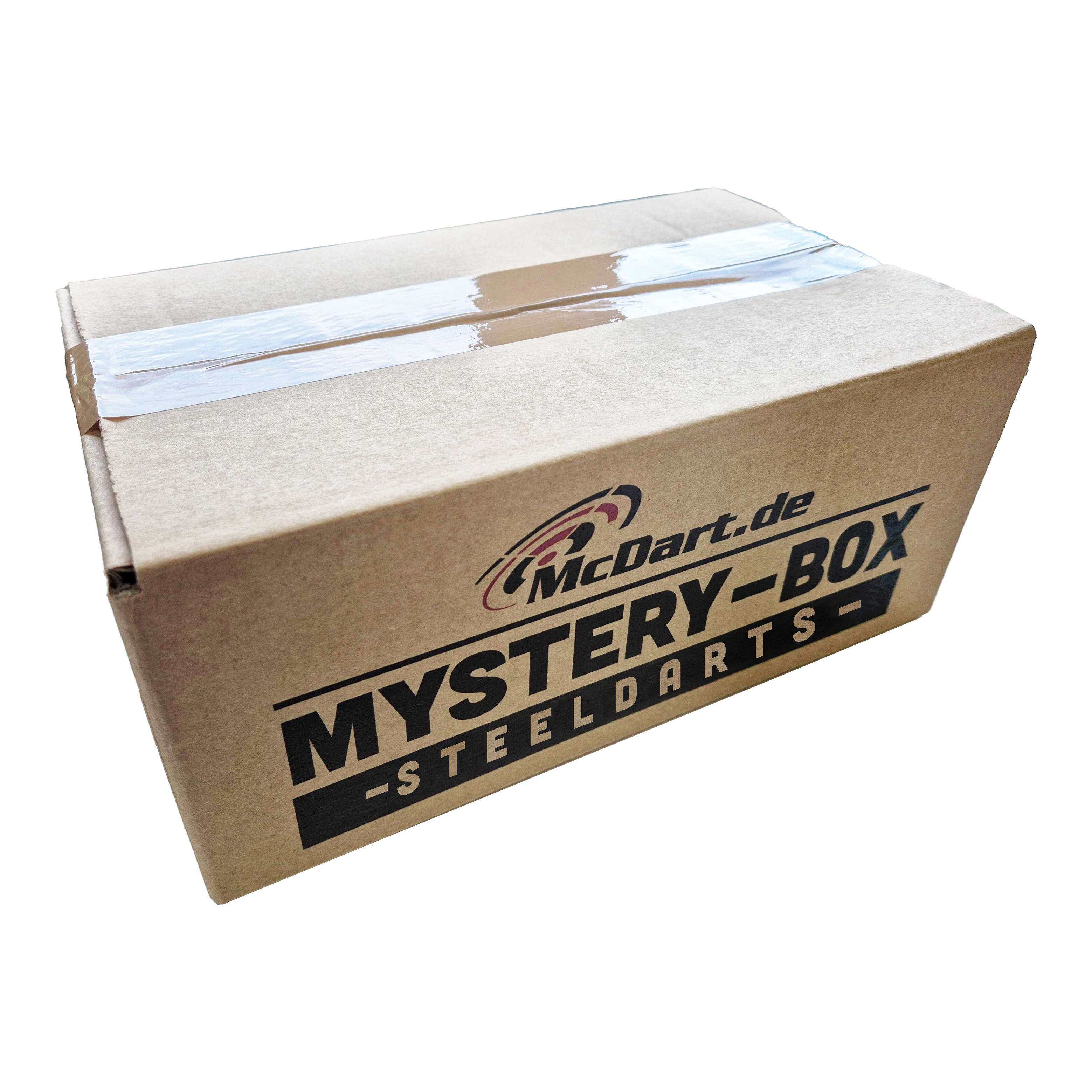 Boîte mystère de fléchettes souples Phil Taylor Auf dem Bild ist ein Karton mit der Aufschrift "McDart.de Mystery-Box Steeldarts" zu sehen. Die Box ist mit durchsichtigem Klebeband verschlossen.