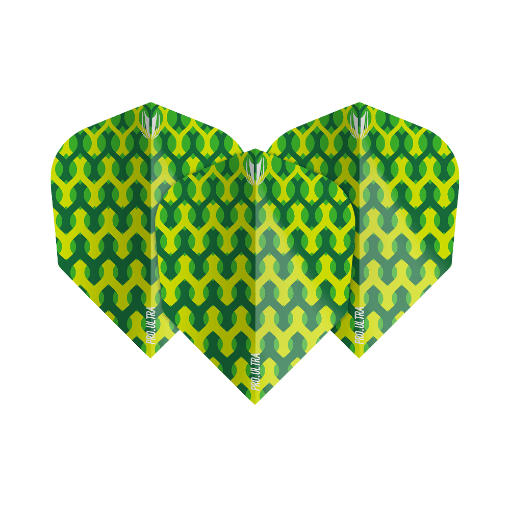 Das Bild zeigt die Target ProUltra Fabric Green Ten-X Flights mit einem leuchtend grünen, geometrischen Muster. Die Flights haben ein auffälliges Design mit gelben und grünen Farbtönen.