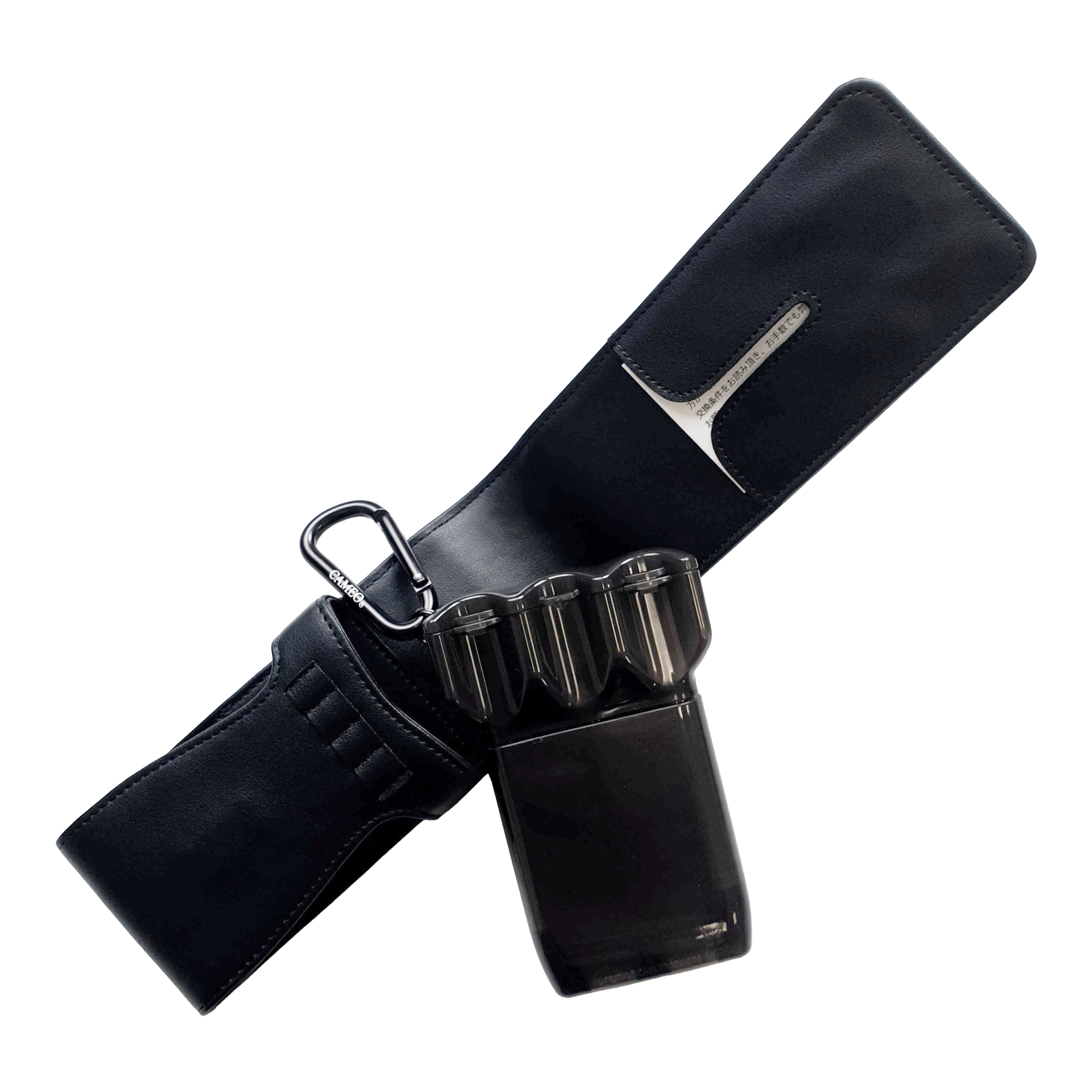 Étui à fléchettes Cameo Thread Das Bild zeigt ein schwarzes Dart-Etui mit einem Kunststoff-Behälter und Karabiner. Das Etui ist offen dargestellt, sodass das Innere sichtbar ist.
