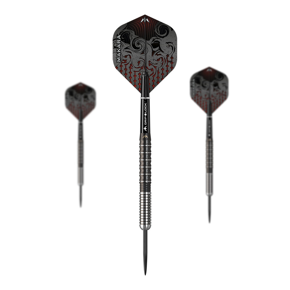 Fléchettes en acier Mission Makara M1 Das Bild zeigt drei Steeldarts des Produkts "Mission Makara M1". Die Dartpfeile haben ein silber-schwarzes Design mit auffälligen, gemusterten Flights.