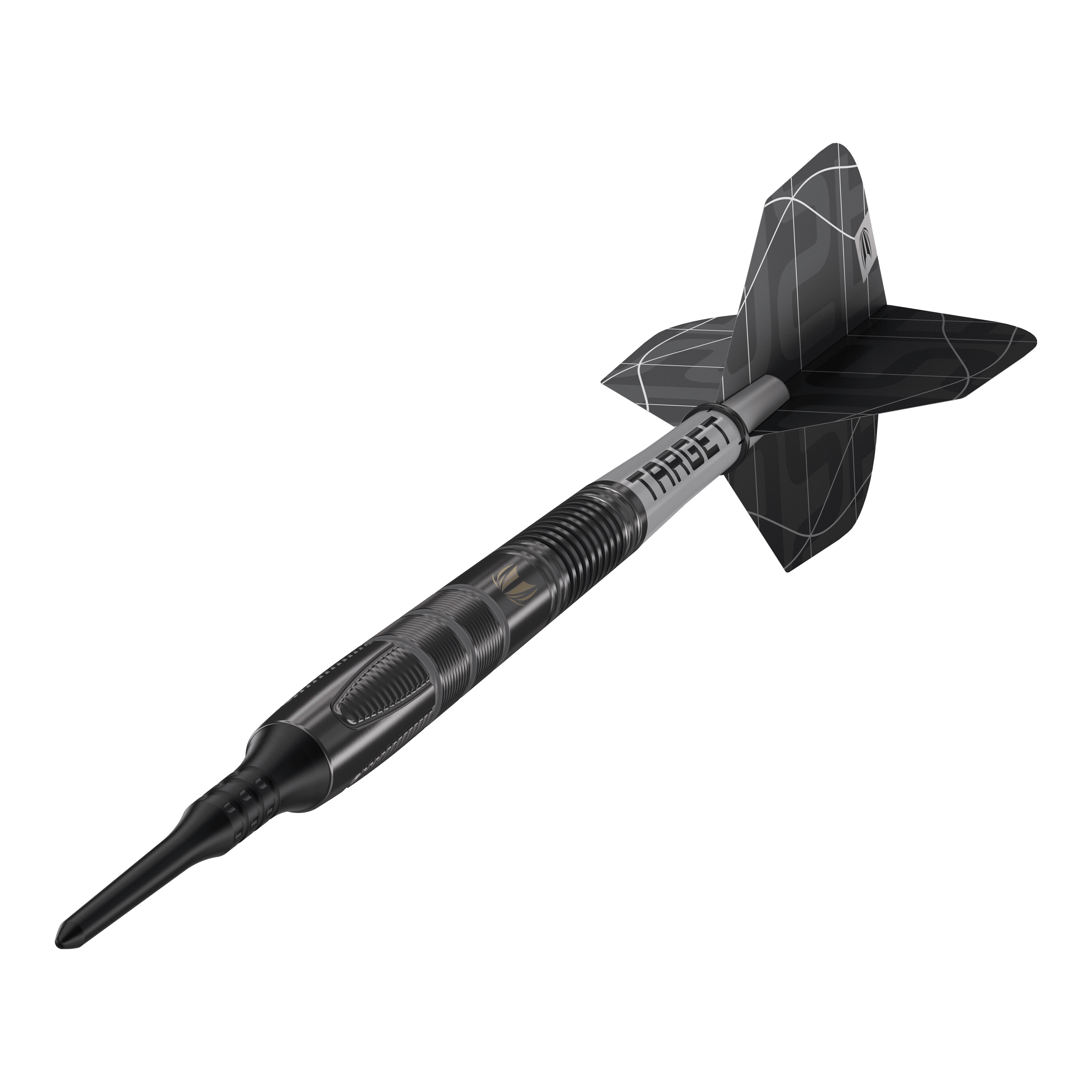 Fléchettes souples Target Nathan Aspinall X Echo - 18 g Das Bild zeigt den Softdart „Target Nathan Aspinall X Echo“ mit einem Gewicht von 18 Gramm. Der Dartpfeil ist schwarz und hat ein modernes, geriffeltes Design mit der Aufschrift "TARGET" auf dem Schaft.