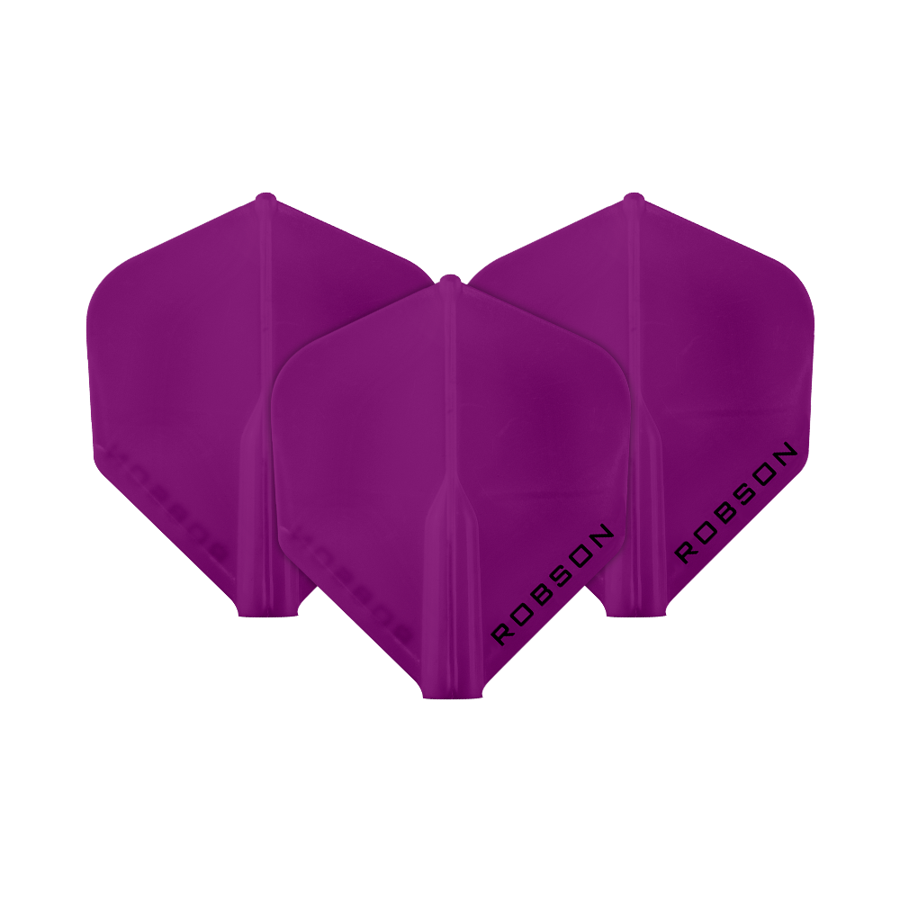 Vols Robson Plus - Standard Das Bild zeigt drei violette Dartflights der Marke Robson. Auf jedem Flight steht das Wort "ROBSON" in schwarzer Schrift.