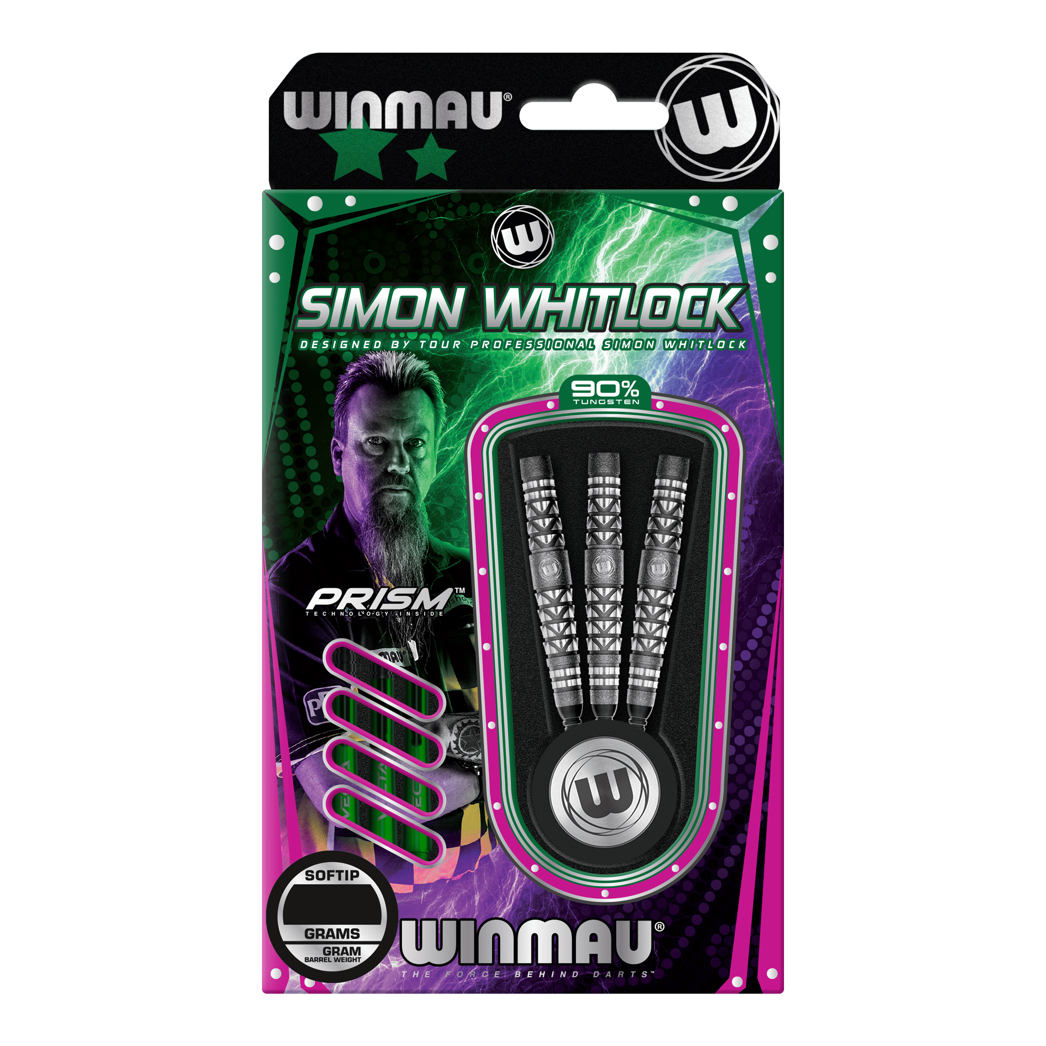 Fléchettes souples Winmau Simon Whitlock à poignée atomisée Das Bild zeigt eine Verpackung der "Winmau Simon Whitlock Atomised Grip Softdarts". Drei Darts mit speziellem Griffdesign sind in einer auffälligen, bunten Box zu sehen.