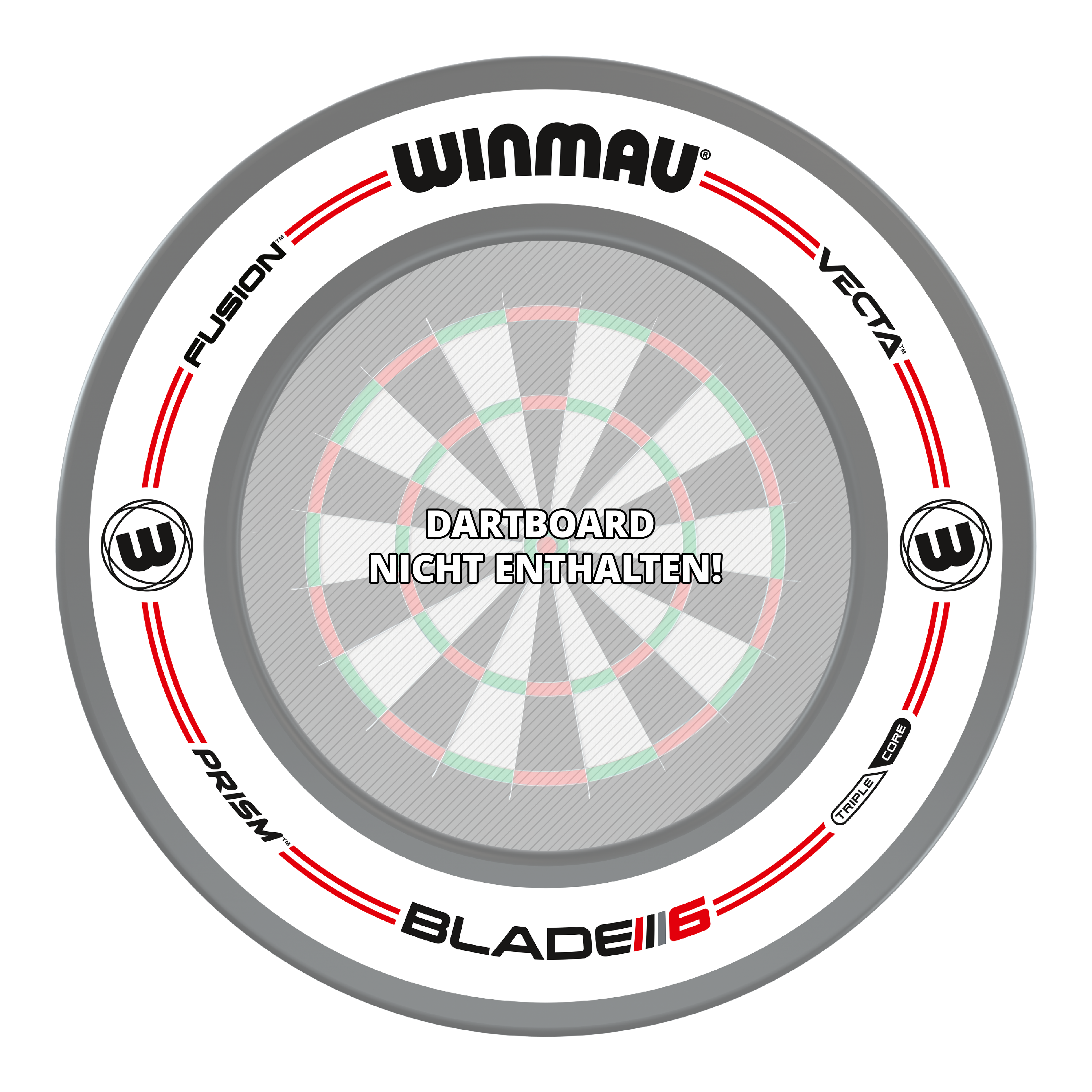 Cadre de cible de fléchettes Winmau Pro-Line Original blanc Das Bild zeigt das Winmau Pro-Line Original White Dartboard Surround. In der Mitte steht der Hinweis: "Dartboard nicht enthalten!"