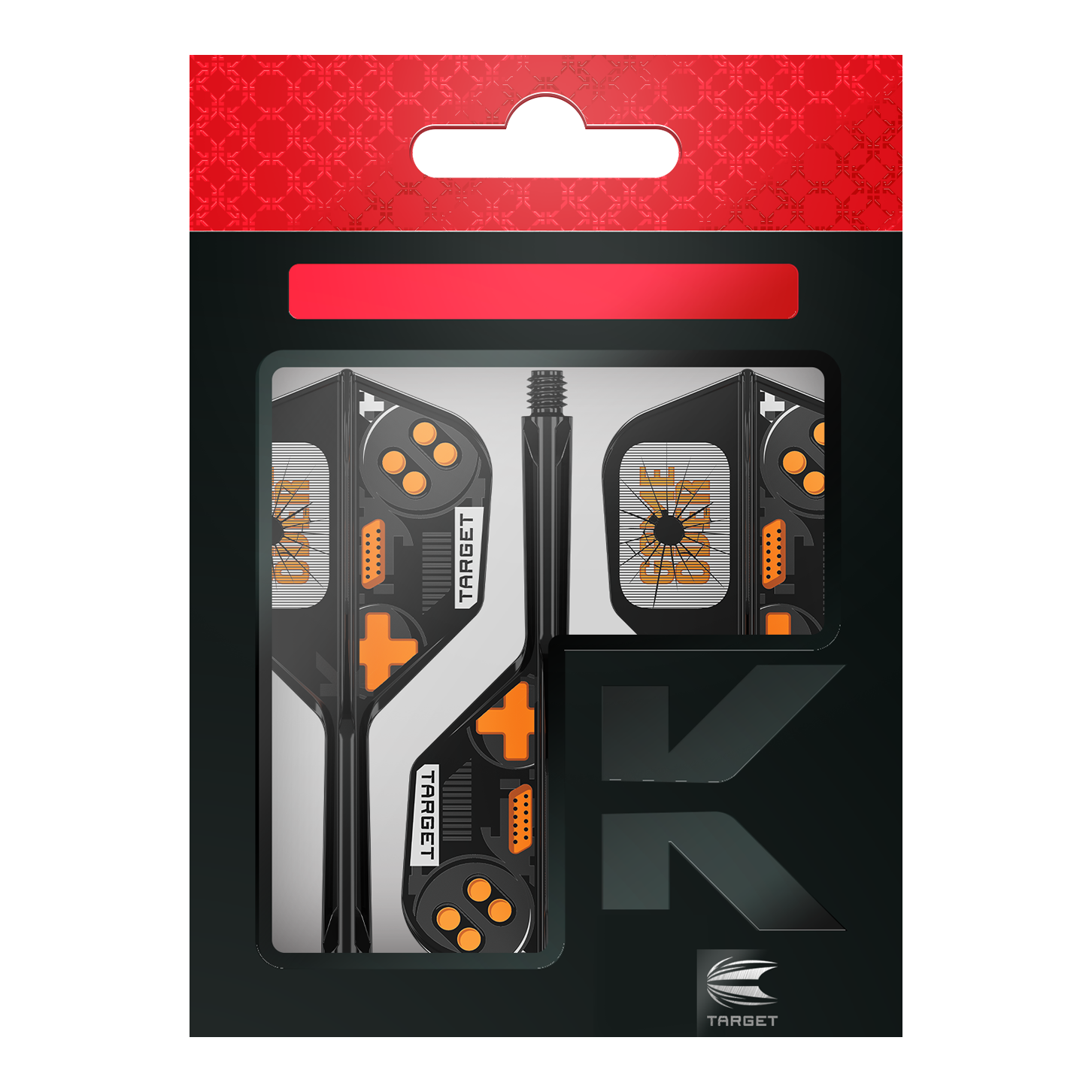 Target K-Flex Game Over No6 Vols Hier sieht man die Target K-Flex Game Over No6 Flights. Es handelt sich um Dart-Flights mit auffälligem Muster.