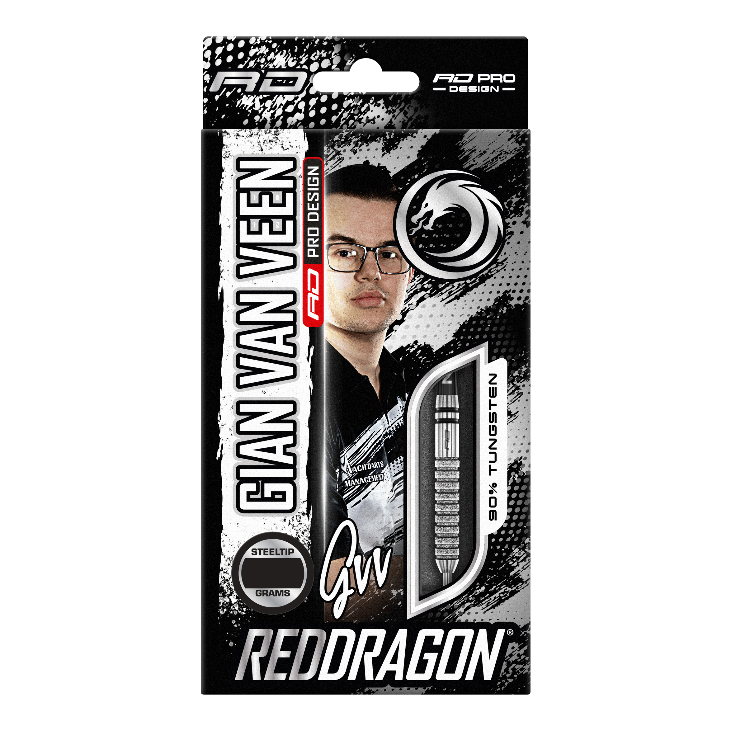 Dragon Rouge Gian Van Veen Tour Edition Steeldarts - 22g Die Verpackung zeigt die Red Dragon Gian Van Veen Tour Edition Steeldarts mit 22 Gramm. Auf der Vorderseite sind ein Bild von Gian Van Veen und ein Blick auf einen der Darts zu sehen.