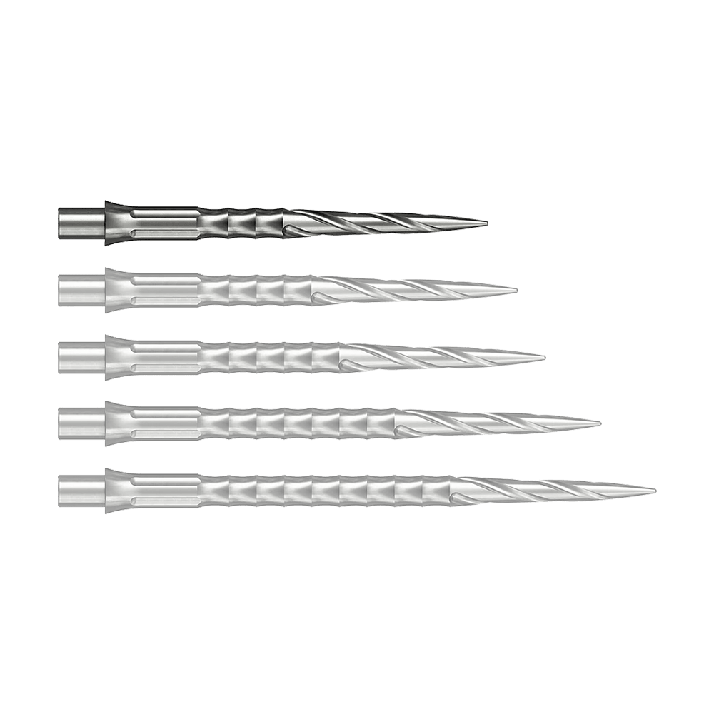 Pointes de fléchettes en acier Caliburn System - Spiro - NoLip - argent Das Bild zeigt wahrscheinlich eine 28 mm lange Steeldartspitze aus Silber. Die Spitze ist Teil des Caliburn Evo Systems und trägt die Bezeichnung Spiro NoLip.
