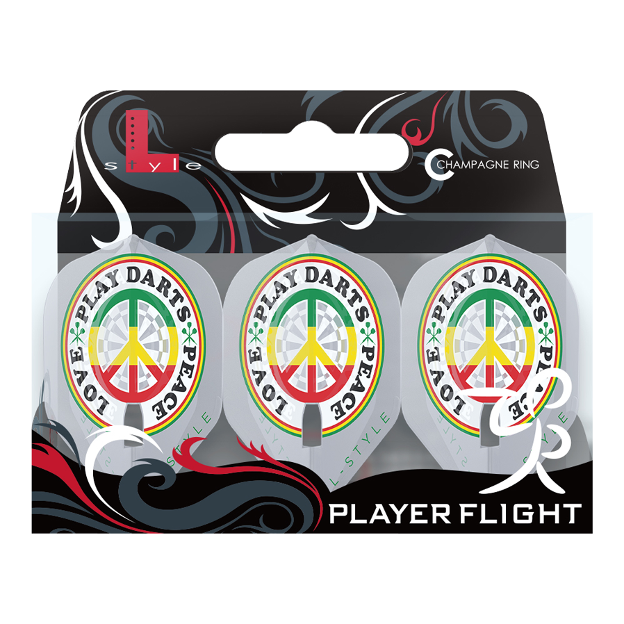 Volants L-Style Deta Hedman V4 Clear White L1PRO Das Bild zeigt die L-Style Deta Hedman V4 Clear White L1PRO Flights für Dartpfeile in einer Verpackung. Auf den Flights ist ein buntes Friedenszeichen mit den Worten "PLAY DARTS * PEACE * LOVE" abgebildet.