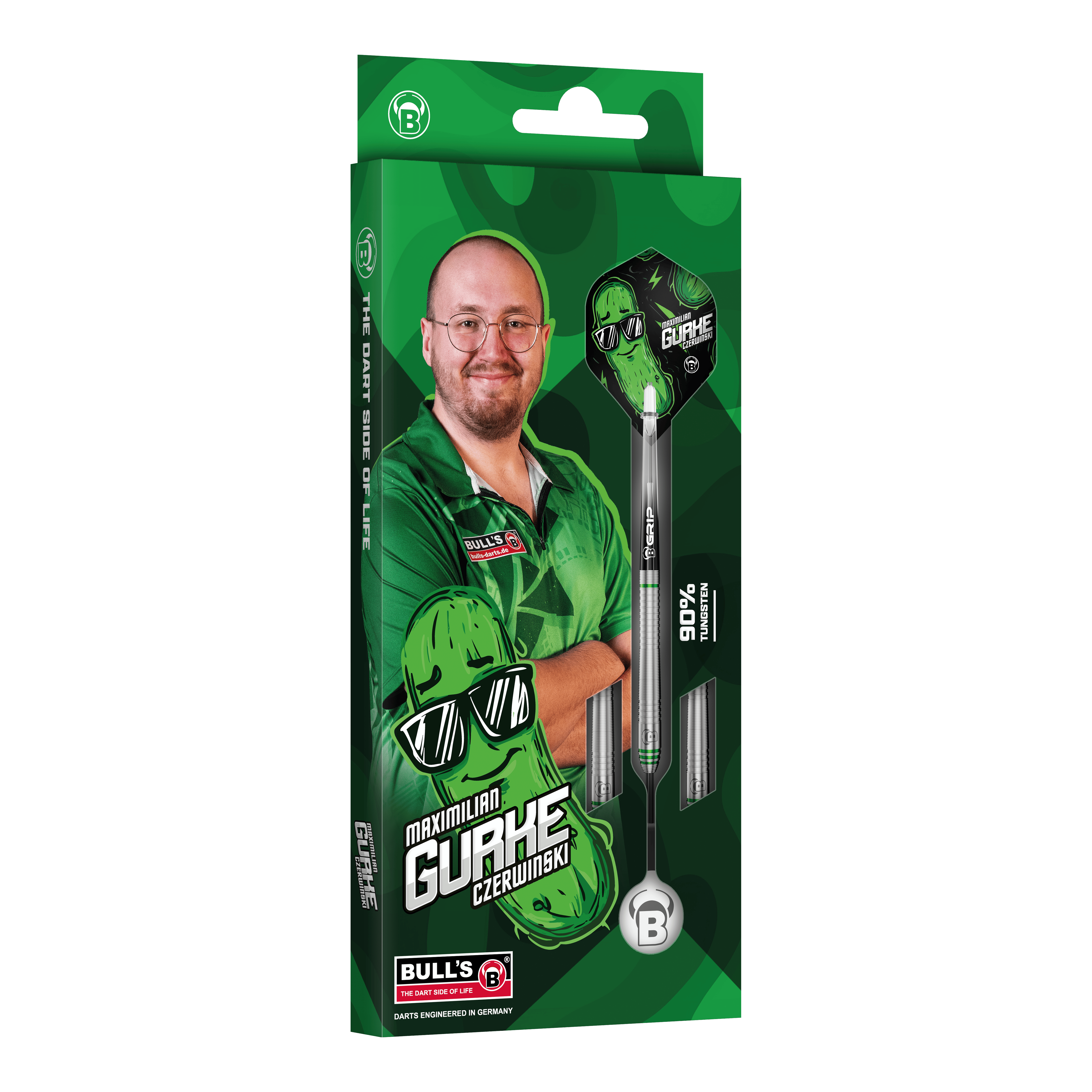 Fléchettes en acier Bulls Max Czerwinski Concombre - 23 g Bulls Max Czerwinski Gurke Steeldarts mit einem Gewicht von 23 Gramm. Diese Aufnahme zeigt Details des Dartpfeils.