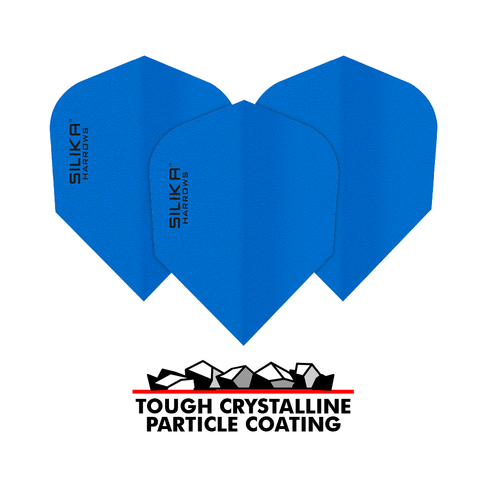 Das Bild zeigt blaue Dart-Flights der Marke Harrows Silika mit einer soliden, kristallinen Beschichtung. Unten im Bild steht "Tough Crystalline Particle Coating" mit einer grafischen Darstellung von Kristallen.