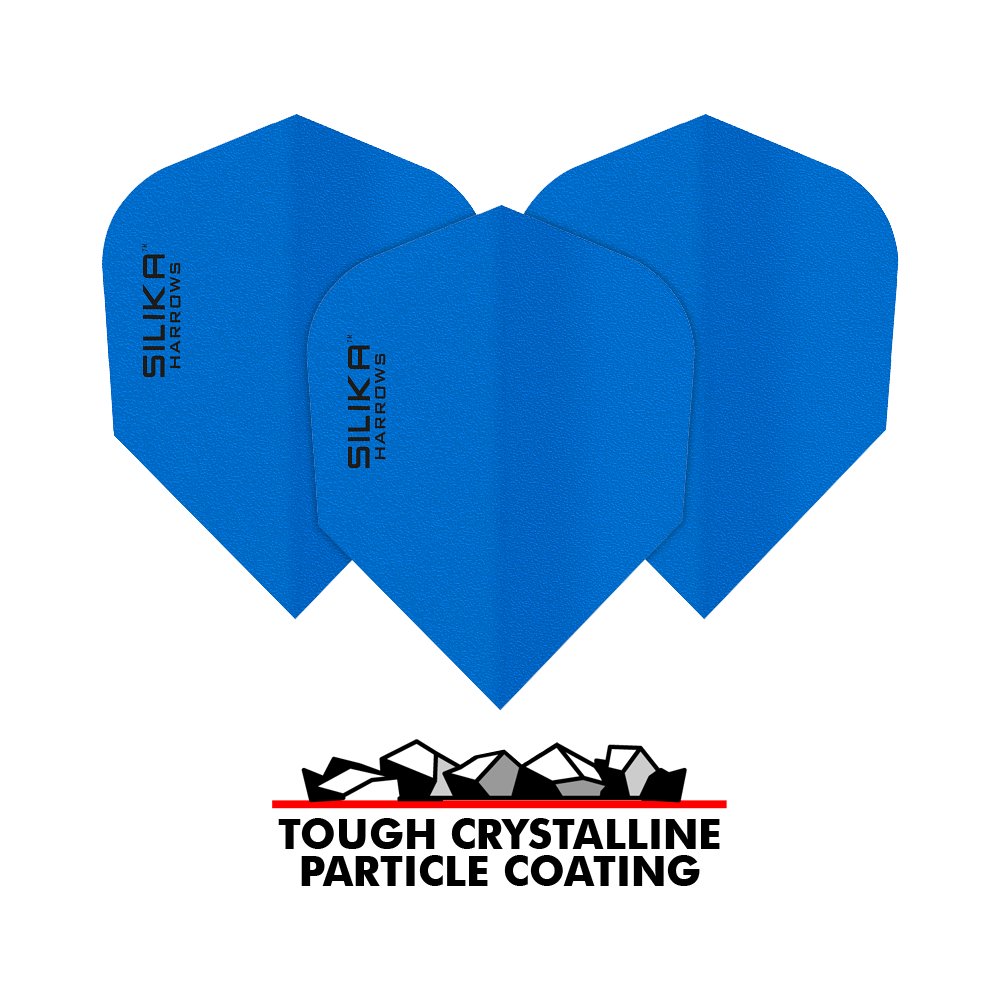 Revêtement cristallin solide et résistant en silice Harrows, bleu n° 6 Das Bild zeigt blaue Dart-Flights der Marke Harrows Silika mit einer soliden, kristallinen Beschichtung. Unten im Bild steht "Tough Crystalline Particle Coating" mit einer grafischen Darstellung von Kristallen.