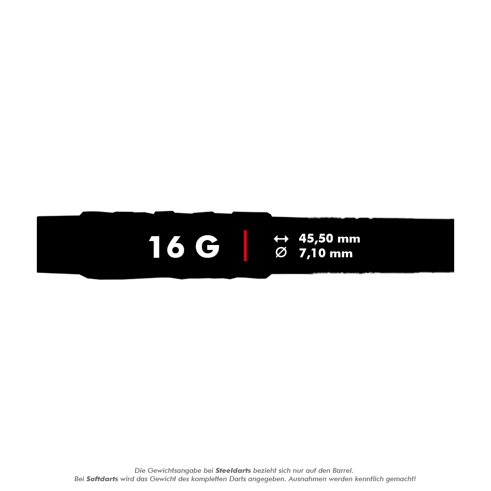 Fléchettes souples McDart 85 Tungstène V4 - 16 g Das Bild zeigt die Produktinformationen der McDart 85er Tungsten V4 Softdarts mit einem Gewicht von 16 Gramm. Die Darts sind 45,50 mm lang und haben einen Durchmesser von 7,10 mm.