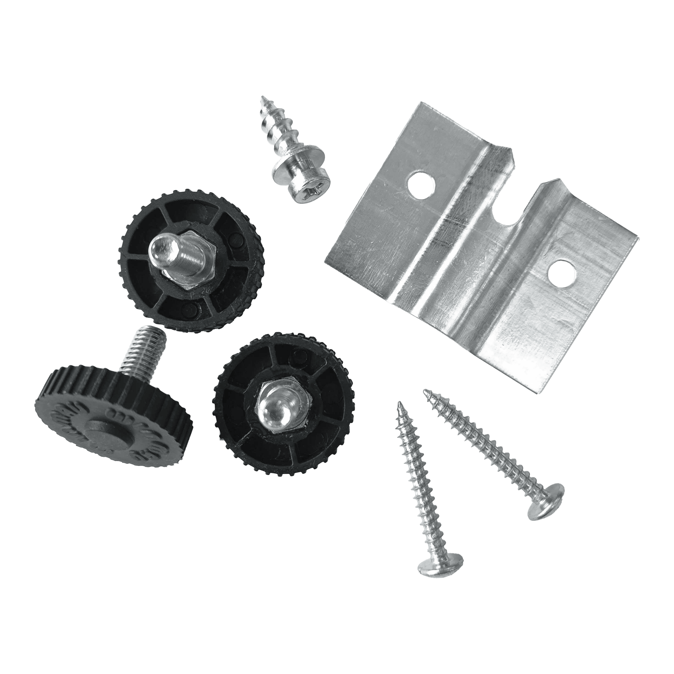 Support mural Winmau Rota-Lock Blade 6 Das Bild zeigt das Winmau Rota-Lock Blade 6 Wandhalterungs-Set mit Schrauben, Kunststoffrädern und einer Metallhalterung. Es sind alle benötigten Teile zur Befestigung eines Dartboards an der Wand abgebildet.