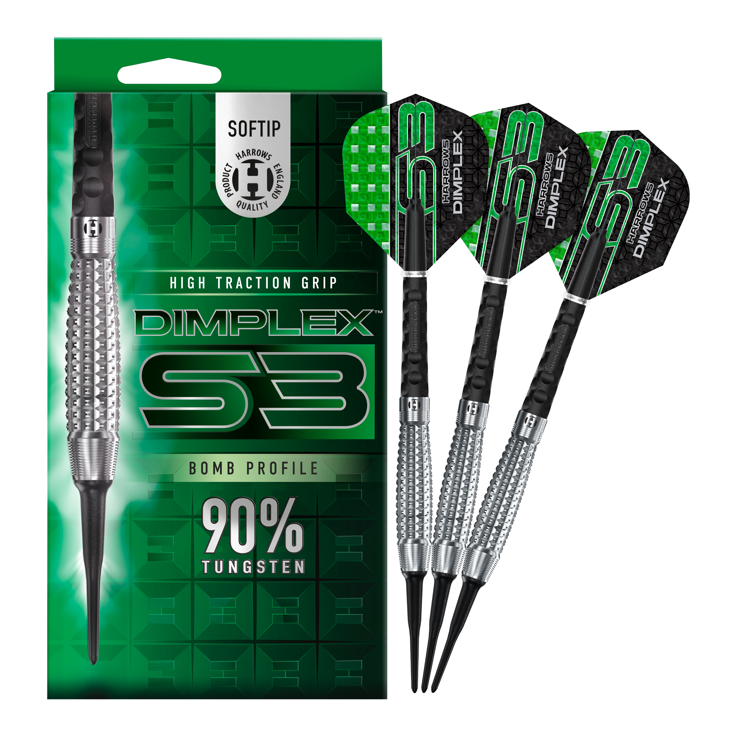 Fléchettes souples Harrows Dimplex S3 Bomb Auf dem Bild sind die Harrows Dimplex S3 Bomb Softdarts und ihre Verpackung zu sehen. Die Darts haben einen hohen Grip und bestehen zu 90% aus Tungsten.