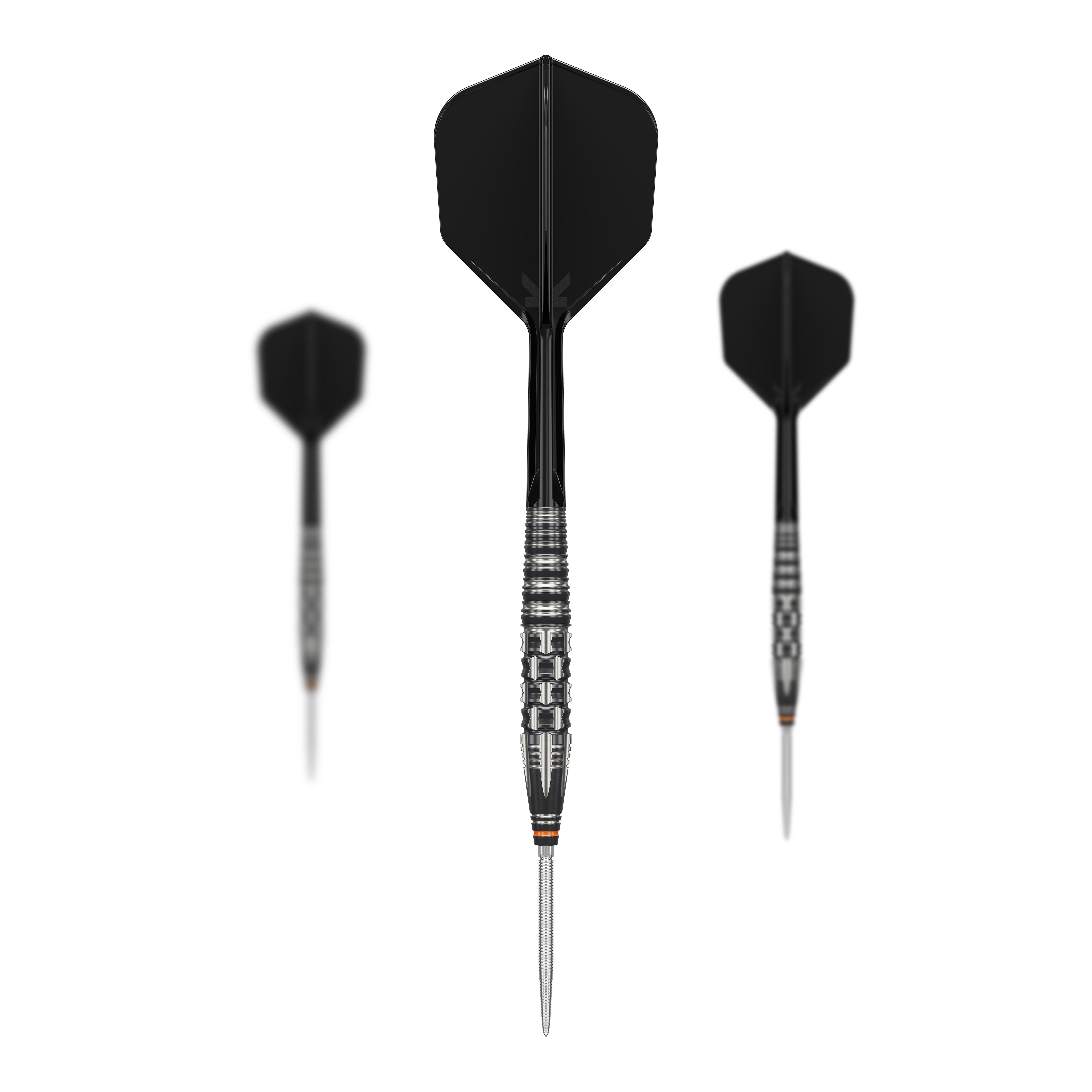 Fléchettes en acier Target Japan Black Marque Dancing Duck GEN 4 Das Bild zeigt drei schwarze Steeldarts des Modells "Target Japan Black Marque Dancing Duck GEN 4". Die Darts haben silberne Spitzen und geriffelte Griffbereiche für bessere Kontrolle.