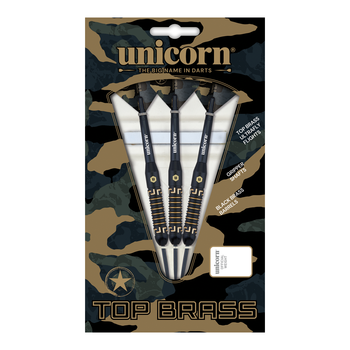 Fléchettes en acier Unicorn Top Brass V1 - 20 g Das Bild zeigt die "Unicorn Top Brass V1 Steeldarts - 20g" in einer Verpackung mit Tarnmuster. Die Packung enthält drei schwarze Darts mit goldfarbenen Details.