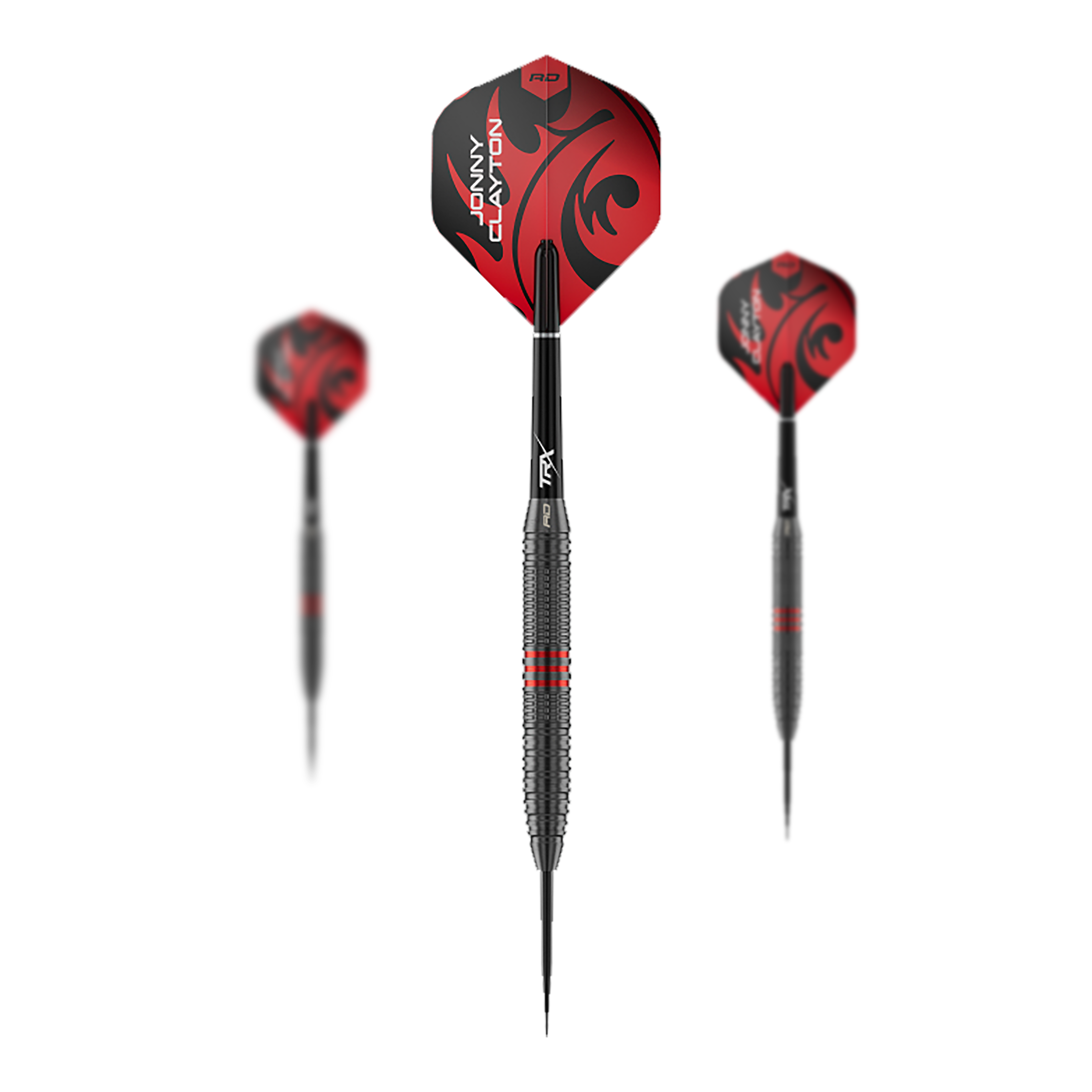 Fléchettes en acier Red Dragon Jonny Clayton Core Brass - 21 g Das Bild zeigt ein Set der Red Dragon Jonny Clayton Core Brass Steeldarts mit 21g Gewicht. Es sind drei Darts mit goldener Griffzone und roten Flights dargestellt.