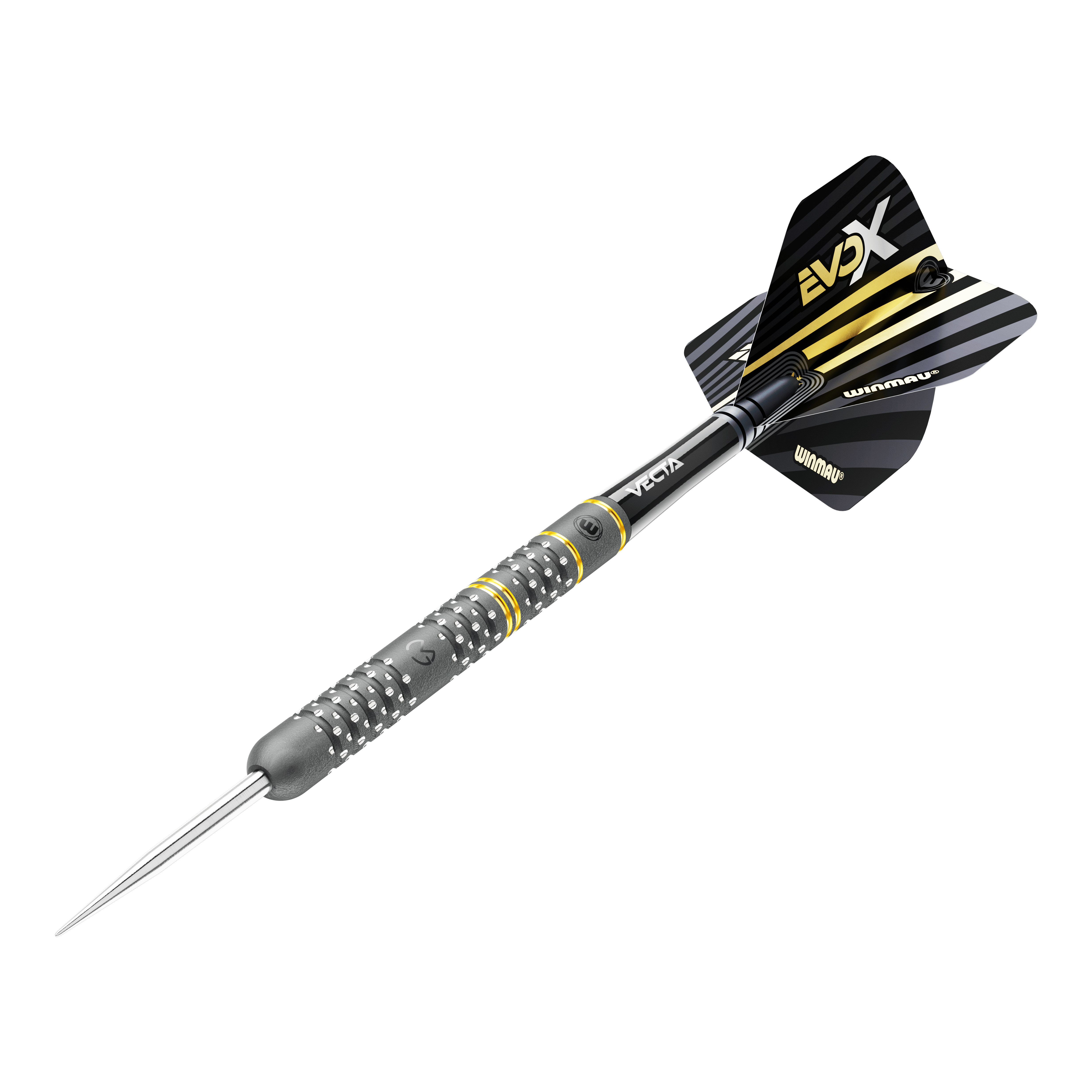 Fléchettes en acier Winmau Michael Van Gerwen Evo-X Das Bild zeigt einen Winmau Michael Van Gerwen Evo-X Steeldart. Der Dart hat ein schwarzes und gelbes Design mit metallischer Spitze und strukturierter Griffzone.
