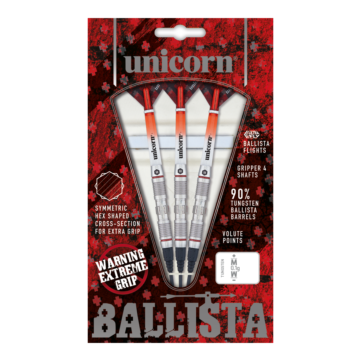 Fléchettes souples Unicorn Ballista Style 2 Das Bild zeigt eine Packung „Unicorn Ballista Style 2 Softdarts“. In der Packung befinden sich drei Softdarts mit silbernen und orangenen Details.