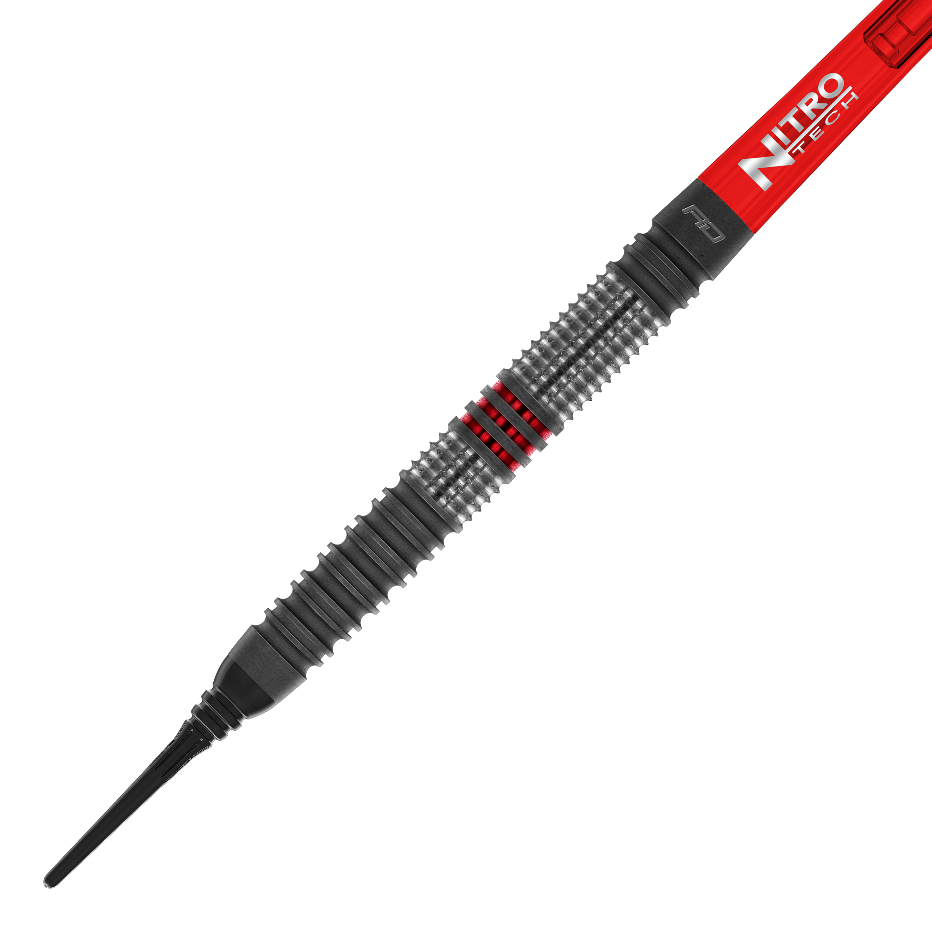 Red Dragon Jonny Clayton Hiraeth Fléchettes souples - 20 g Das Bild zeigt den Red Dragon Jonny Clayton Hiraeth Softdart mit einem Gewicht von 20 Gramm. Der Dart hat ein silbernes Griffstück mit roten Akzenten und einen roten Schaft mit der Aufschrift "Nitro Tech".