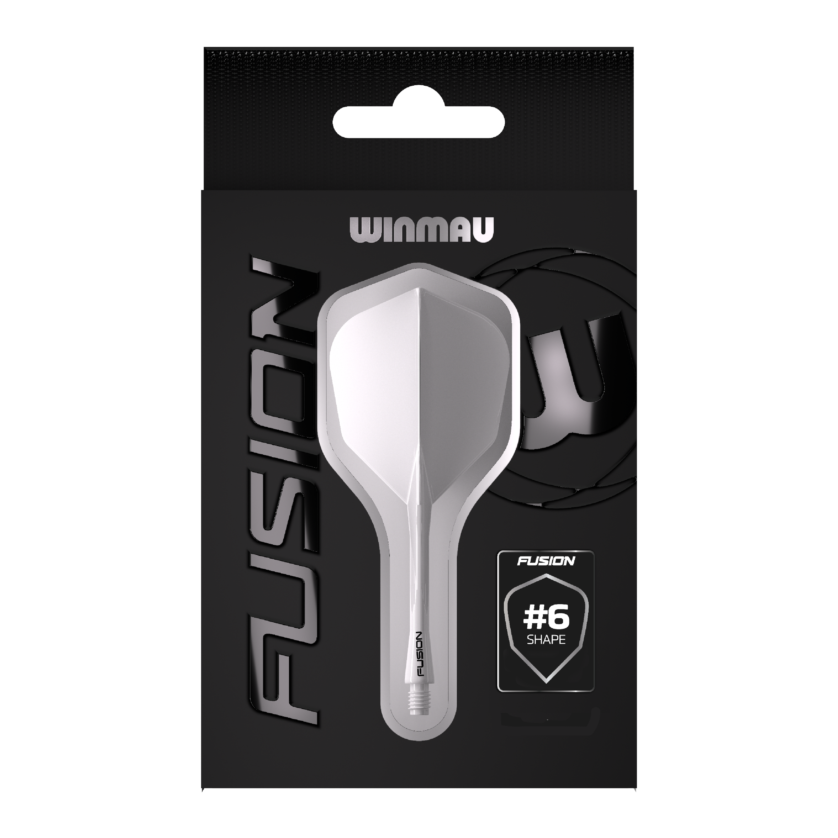 Système d'arbre de vol Winmau Fusion n° 6 transparent Das Bild zeigt die Verpackung des Produkts "Winmau Fusion Flight-Shaft-System No6 Clear". In der Mitte ist das transparente Flight-Shaft-System im #6-Shape deutlich zu sehen.