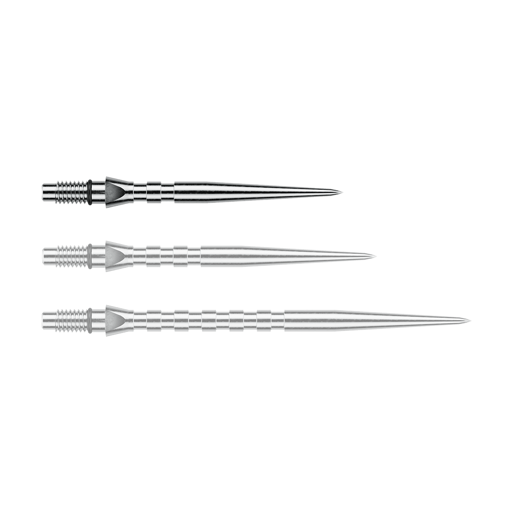 Pointes de fléchettes en acier Winmau Switch Point Groove - Effet argenté Abgebildet ist eine einzelne silberne Steeldartspitze mit Rillen, vermutlich vom Typ 'Switch Point Groove Silver Effect' und 26mm. Diese Spitze eignet sich für Steeldarts.