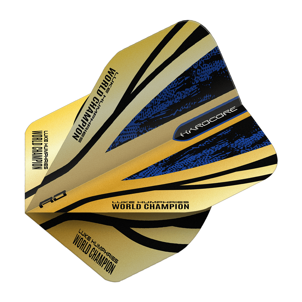Vols Red Dragon Hardcore Premium Luke Humphries Gold Standard Das Bild zeigt das Produkt "Red Dragon Hardcore Premium Luke Humphries Gold Standard Flights". Die Dart-Flight ist goldfarben mit schwarzen und blauen Akzenten und trägt die Aufschrift "Luke Humphries World Champion".