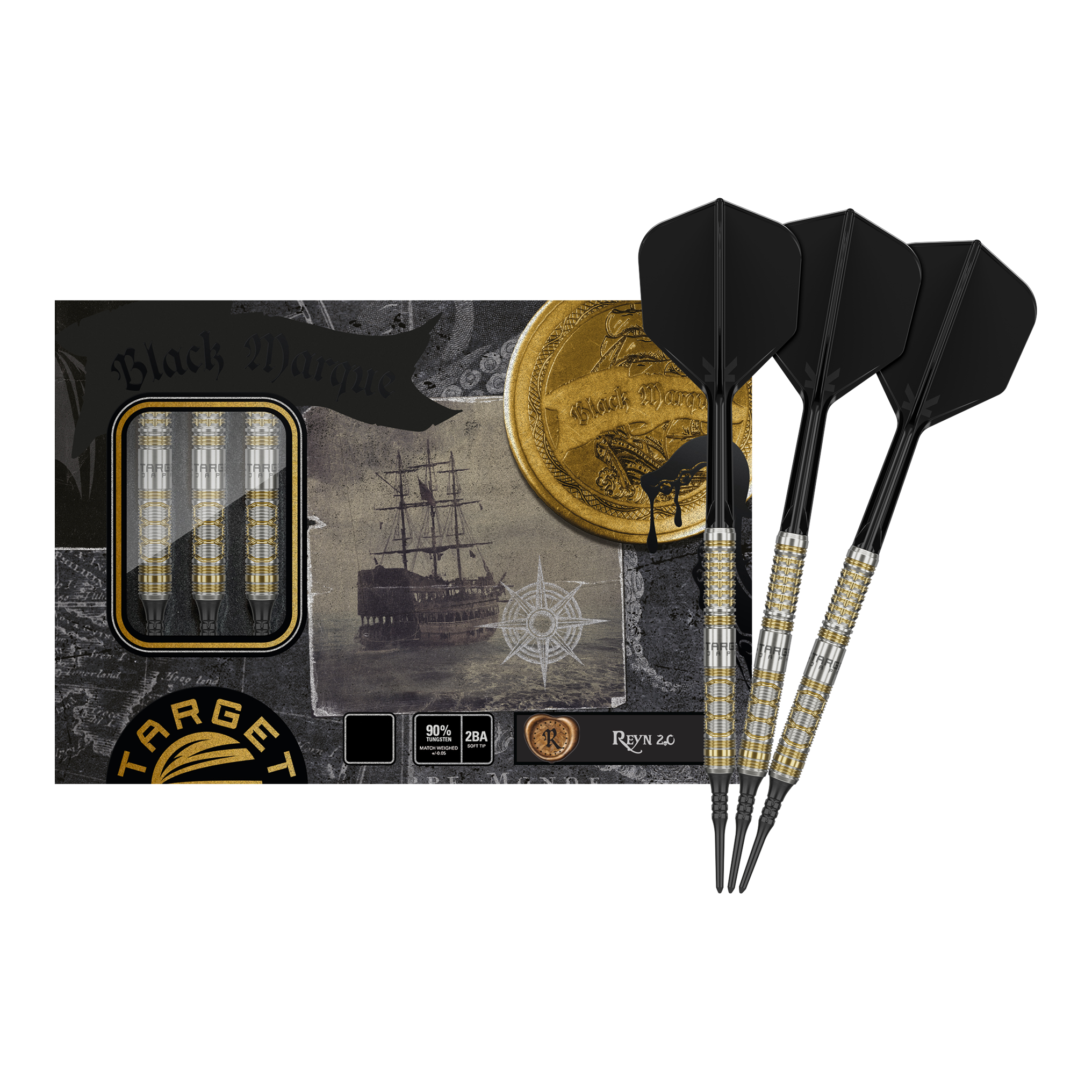 Fléchettes souples Target Japan Black Marque Reyn GEN2 - 17,5 g Das Bild zeigt das Produkt "Target Japan Black Marque Reyn GEN2 Softdarts - 17,5g" mit drei eleganten, schwarz-goldenen Softdarts vor der Verpackung. Auf der Verpackung ist zudem ein Schiff sowie eine goldene Münze abgebildet.