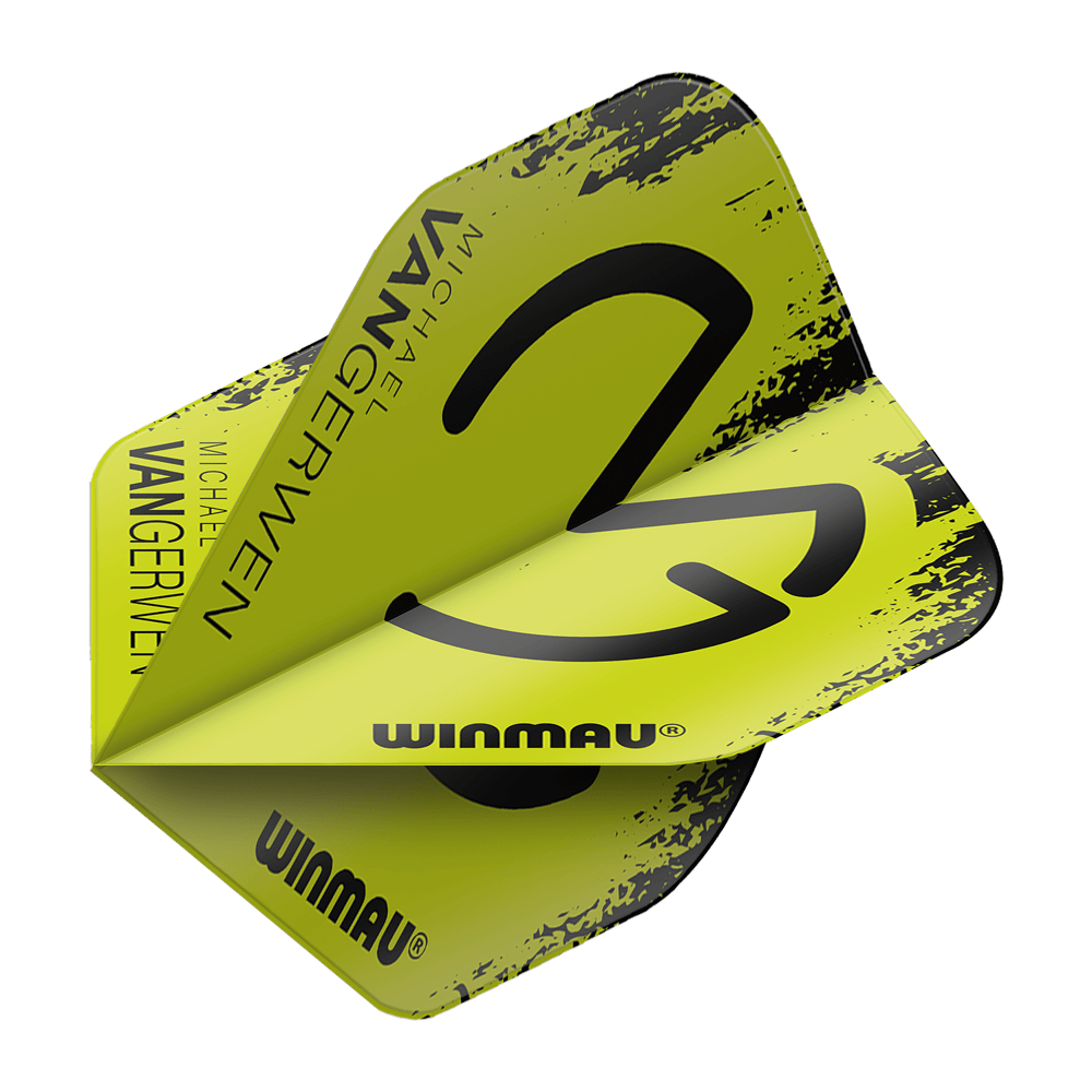 6900-232_Winmau_Mega_MvG_Black_Green_Standard_Flights_2 Das Bild zeigt ein Dartflight in den Farben Schwarz und Grün mit dem Aufdruck "Winmau" und "Michael van Gerwen". Das Produkt ist das "Winmau Mega MvG Black Green Standard Flights".