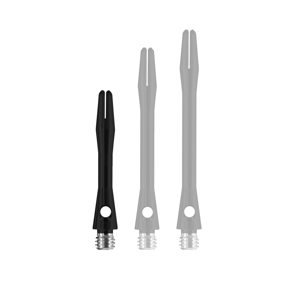 Das Bild zeigt drei Harrows Keramic Shafts in Matt Schwarz, jeweils in unterschiedlicher Länge. Die Schäfte haben ein glänzendes schwarzes Design mit silbernen Gewinden am unteren Ende.