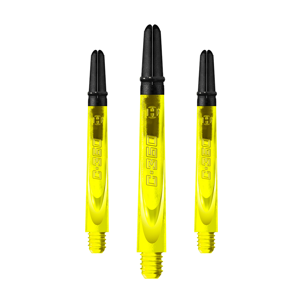 HR451_Harrows_Carbon_360_Shafts_Gelb_49mm_1uxl6ZVXDEAcz2 Auf dem Bild sind drei gelbe Dartschäfte mit schwarzem oberen Ende zu sehen. Auf jedem Schaft steht die Aufschrift "C.360".