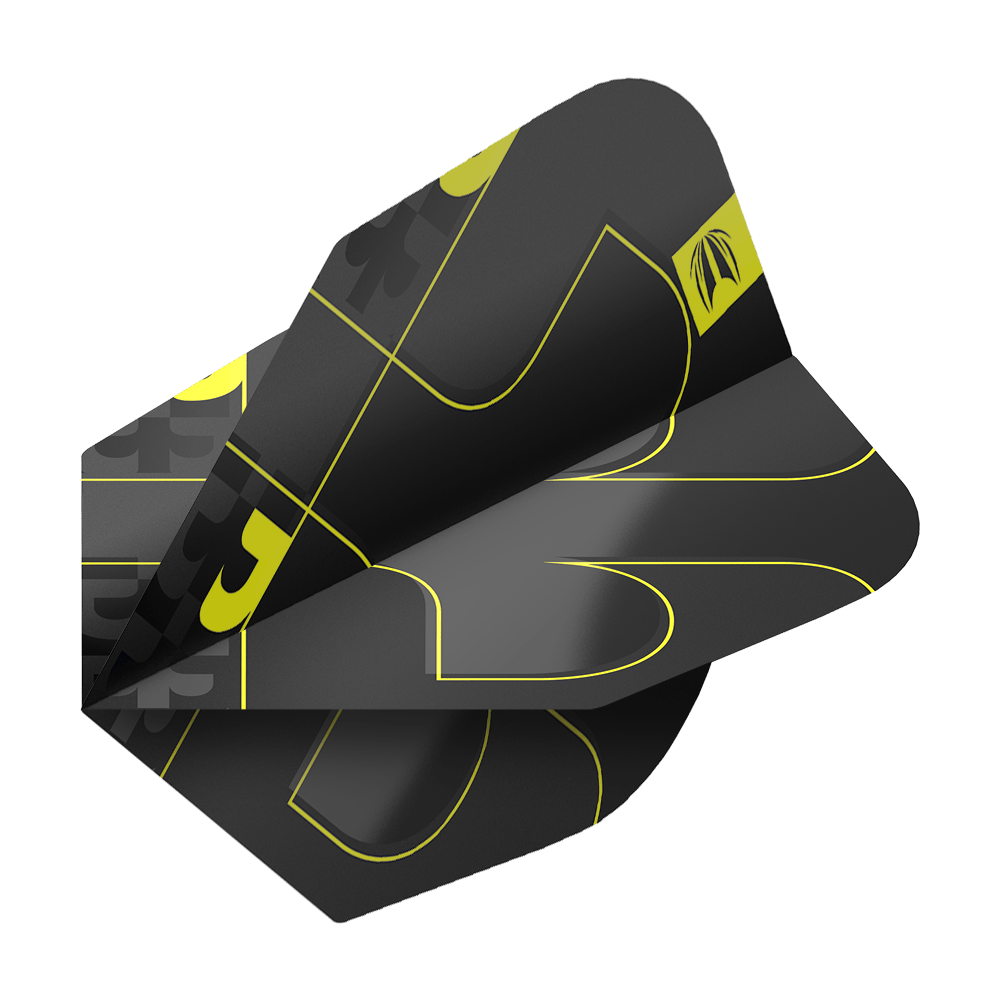 Vols Target ProUltra Bolide Void No6 Das Bild zeigt die Target ProUltra Bolide Void No6 Flights in einem modernen Design. Die Flights sind schwarz mit gelben Linien und grafischen Elementen gestaltet.