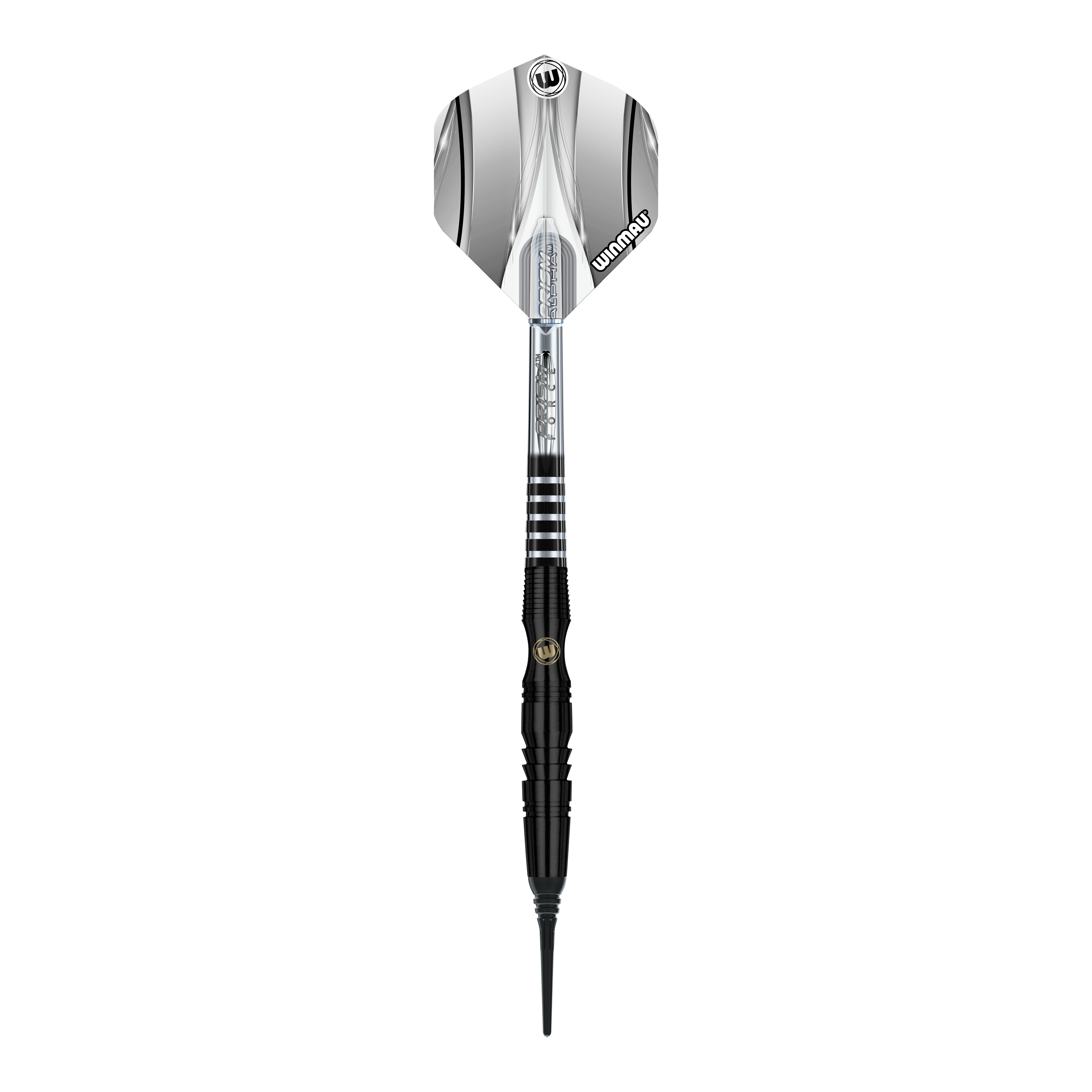 Fléchettes souples Winmau Sniper Black - 20 g Das Bild zeigt einen Winmau Sniper Black Softdart mit einem Gewicht von 20 Gramm. Der Dart ist überwiegend schwarz mit silbernen Akzenten und besitzt eine schwarze Softspitze.