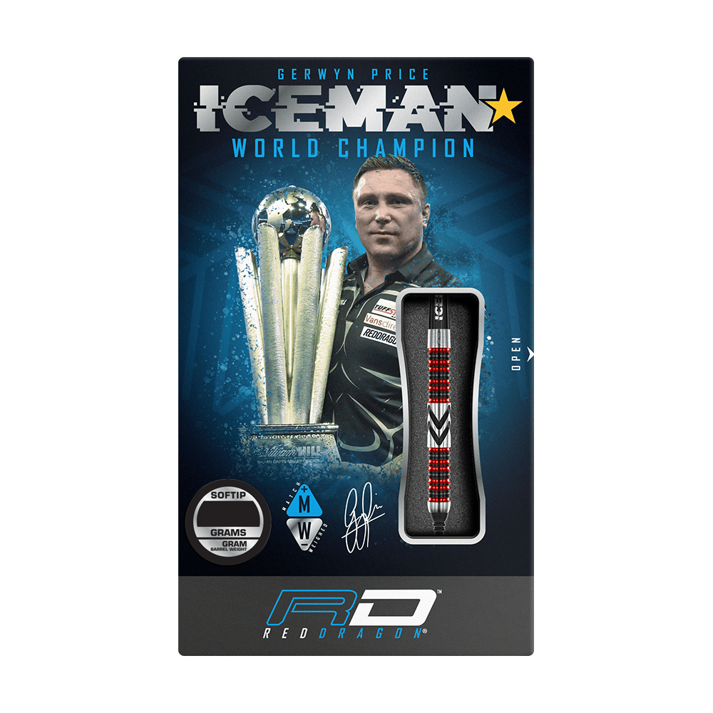 RD2569_Red_Dragon_Gerwyn_Price_Firebird_Softdarts_3 Auf dem Bild ist die Verpackung der "Red Dragon Gerwyn Price Firebird Softdarts - 20g" zu sehen. Die Verpackung zeigt einen Dartpfeil, einen Weltmeister-Pokal und ein Porträt von Gerwyn Price.