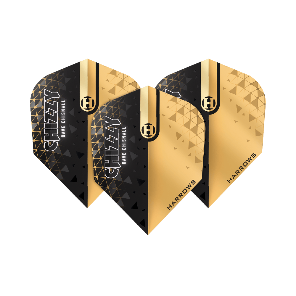 Harrows Prime Dave Chisnall Chizzy 2 No. 6 Flights Das Bild zeigt die Harrows Prime Dave Chisnall Chizzy 2 No6 Flights. Die Flights sind in Schwarz und Gold gestaltet und tragen die Aufschrift "CHIZZY DAVE CHISNALL" sowie "HARROWS".