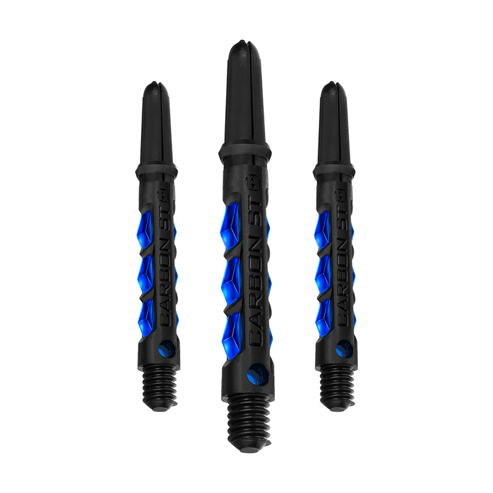 HR414_Harrows_Carbon_ST_Shafts_Blau_40mm_1 Das Bild zeigt drei Harrows Carbon ST Shafts in Blau. Sie haben ein schwarzes Design mit blauen Akzenten und sind für Darts geeignet.