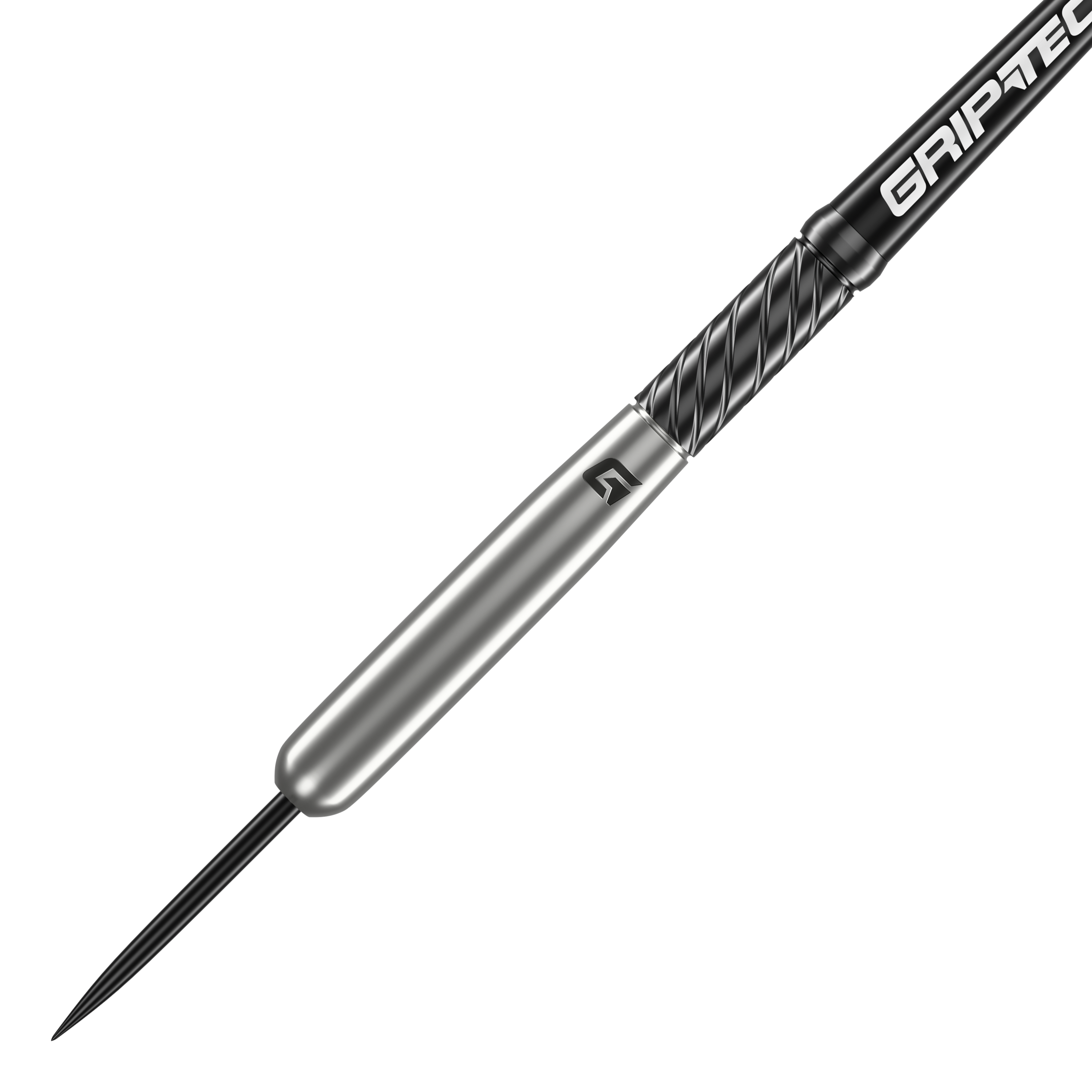Fléchettes en acier tungstène GOAT Homerun Baseball Das Bild zeigt den GOAT Homerun Baseball Tungsten Steeldart. Der Dartpfeil hat ein schlankes, silbernes Design mit schwarzem Griffbereich und der Aufschrift "GRIPTEC".