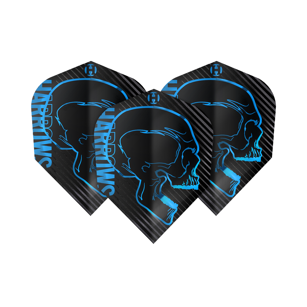 Harrows Rage Aqua No. 6 Vols Das Bild zeigt drei schwarze Dart-Flights mit einem blauen Totenkopf-Design und dem Schriftzug "Harrows". Die Flights gehören zum Produkt "Harrows Rage Aqua No6".
