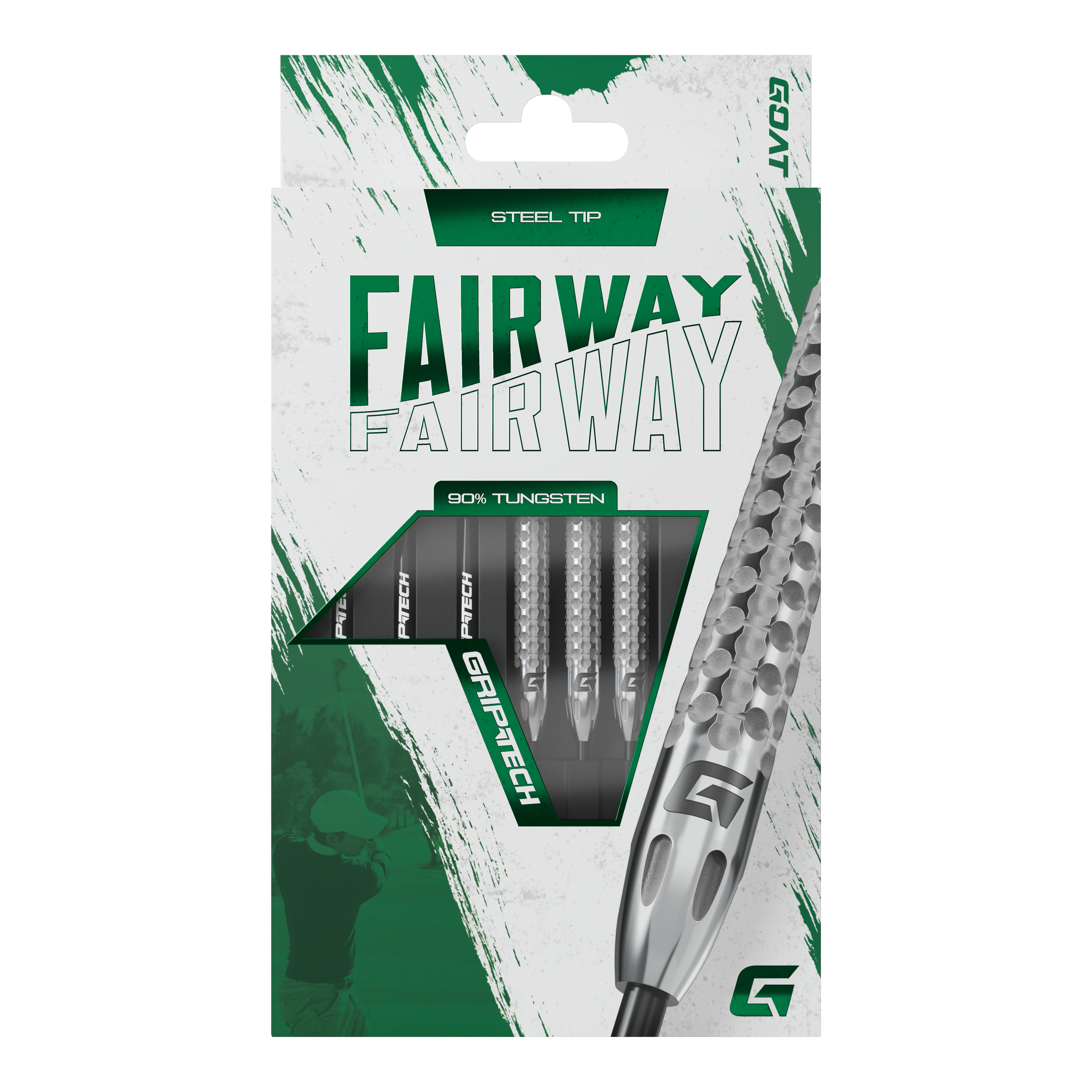 Fléchettes GOAT Fairway V2 en acier tungstène Die Abbildung zeigt die Verpackung der GOAT Fairway V2 Tungsten Steeldarts. Die Darts bestehen zu 90 % aus Tungsten und haben eine Stahspitze.