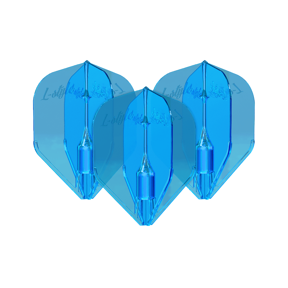 Vols L-Style Fantom L3EZ Bleu Das Bild zeigt drei blaue L-Style Fantom L3EZ Flights für Dartpfeile. Sie sind nebeneinander angeordnet und haben eine glänzende Oberfläche.