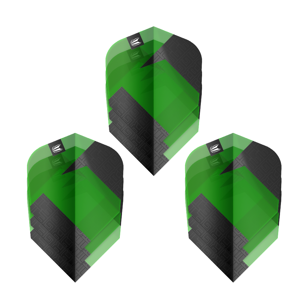 Ailettes standard Target Pro Ultra TAG vertes Ten-X - 3 jeux Das Bild zeigt drei grüne und schwarze Dart-Flights des Produkts "Target Pro Ultra TAG Grün Ten-X Standard". Die Flights haben ein auffälliges geometrisches Muster und das Target-Logo oben.