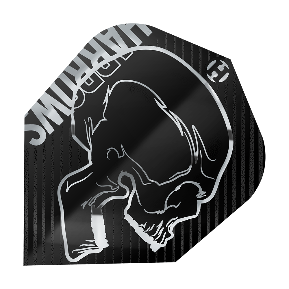 Vols Silver No6 de Harrow's Rage Das Bild zeigt das Produkt "Harrows Rage Silver No6 Flights". Auf dem Flight ist ein silberner Totenkopf auf schwarzem Hintergrund abgebildet.