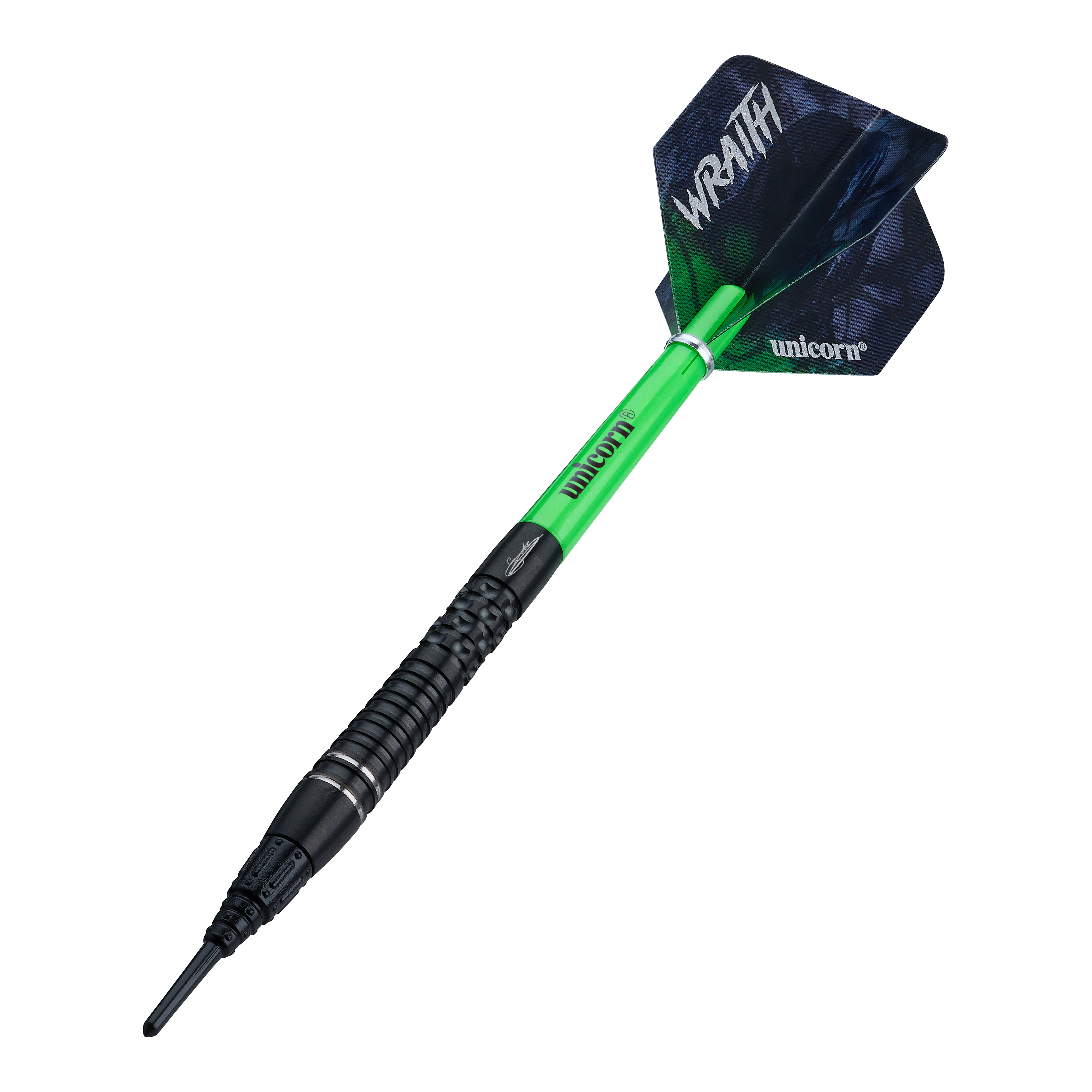 Hier werden die Unicorn Wraith Gary Anderson Phase 6 Softdarts - 20g präsentiert. Die Darts sind deutlich sichtbar.