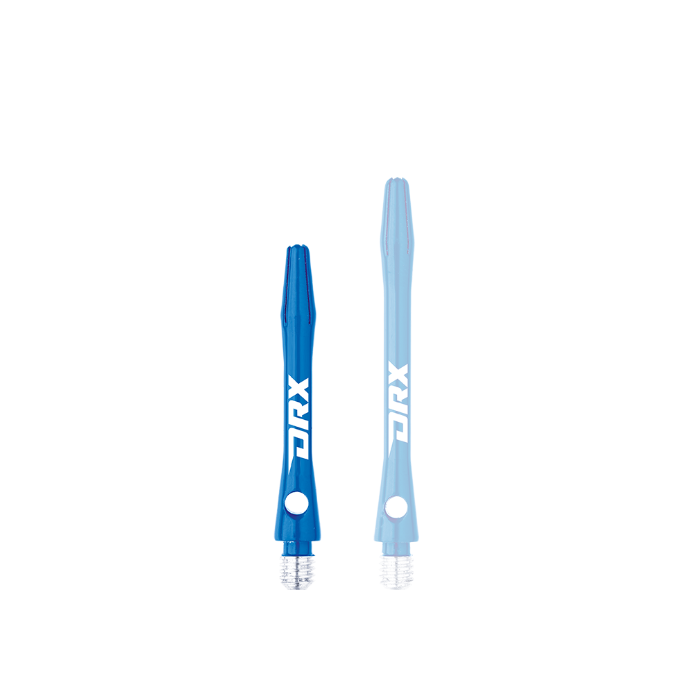 C630_Red_Dragon_DRX_Coated_Aluminium_Shafts_Blau_36mm_1e2R4zLvC979Kg Das Bild zeigt zwei blaue Red Dragon DRX beschichtete Aluminiumschäfte. Auf den Schäften ist deutlich das weiße DRX-Logo zu sehen.